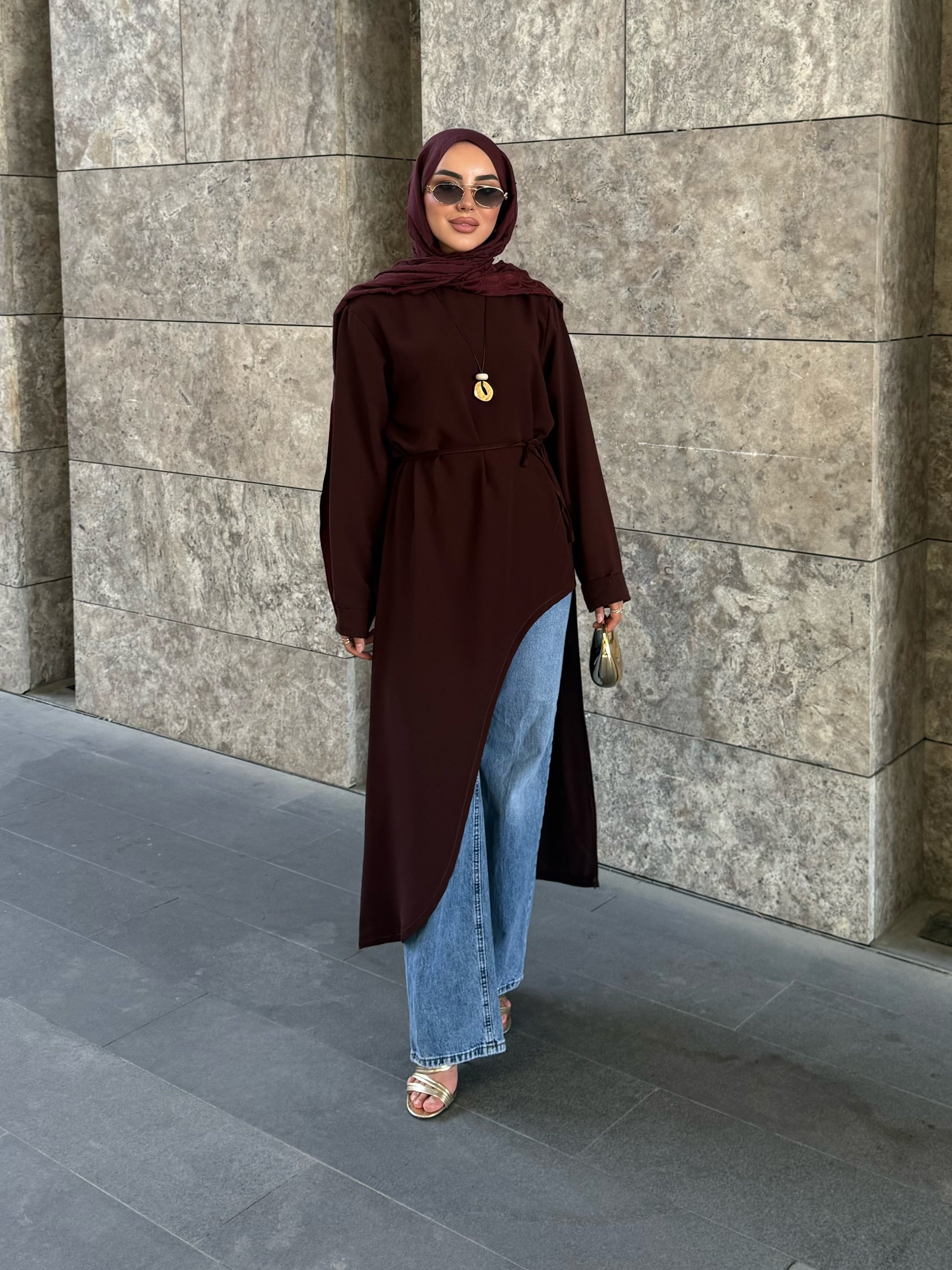 Alina asimetrik kuşaklı tunik Kahverengi
