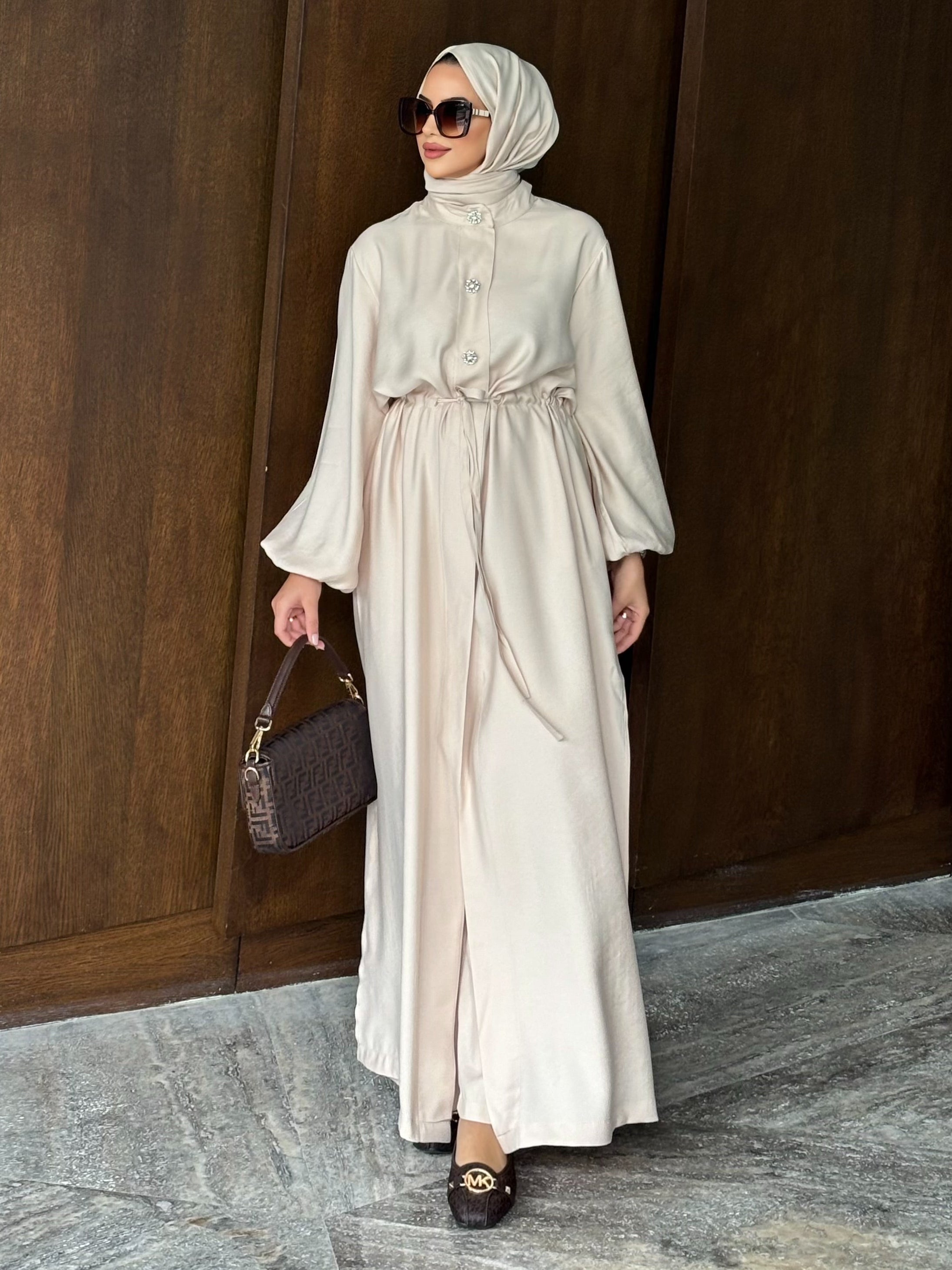 Kristal düğmeli tunik & pantolon takım bej