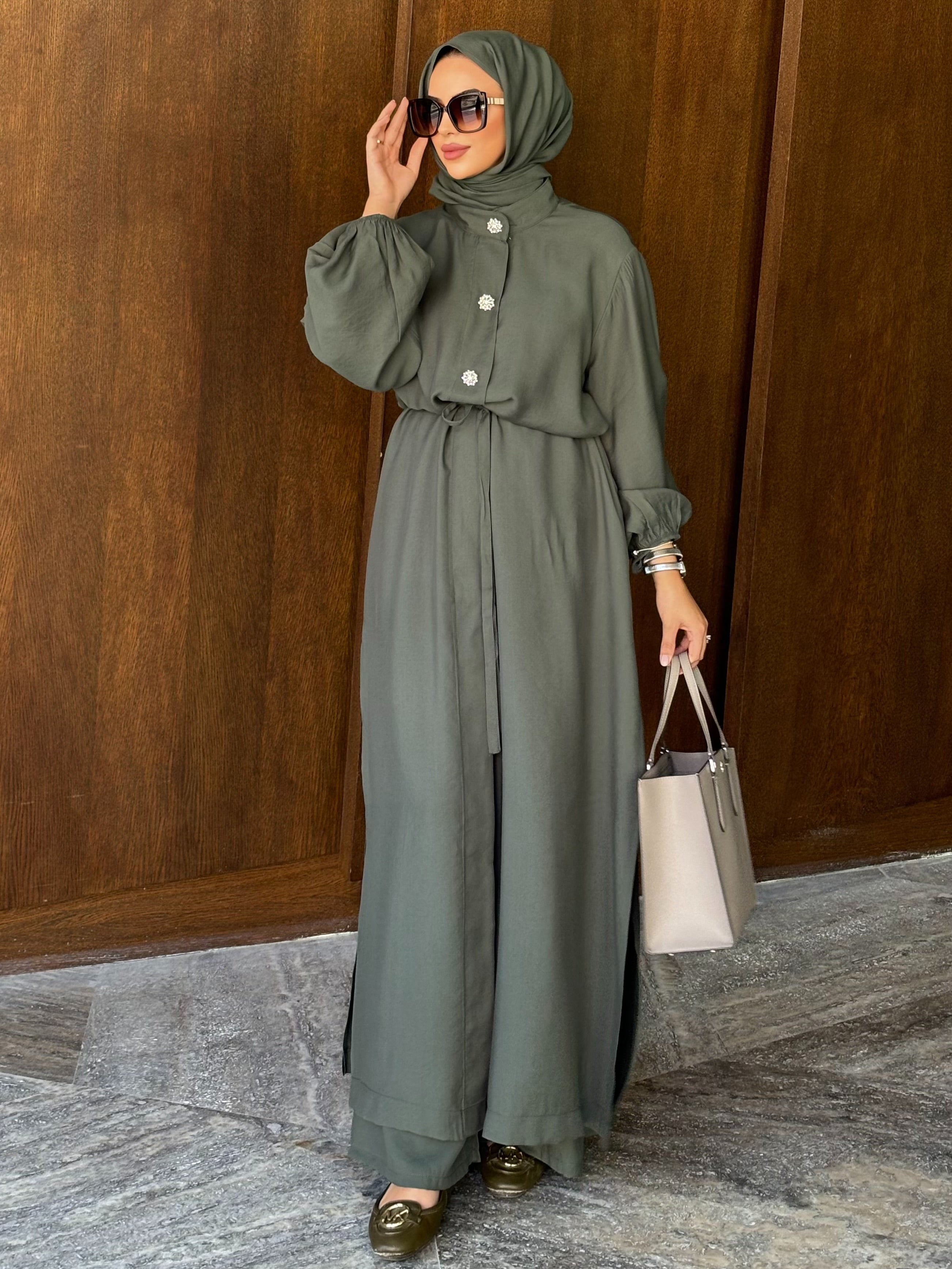 Kristal düğmeli tunik & pantolon takım haki yeşil