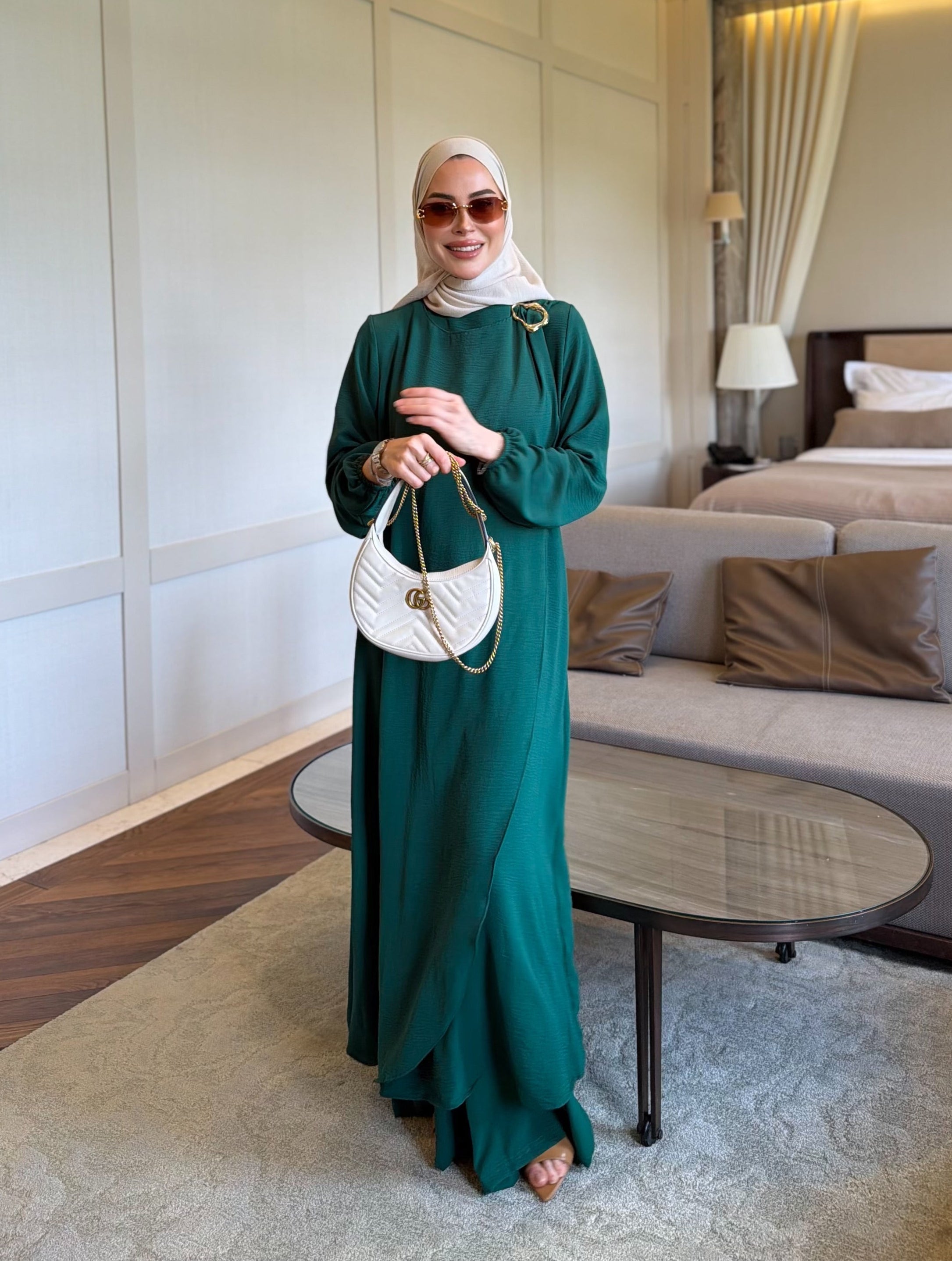 Royal metal broş detaylı tunik & pantolon zümrüt yeşili