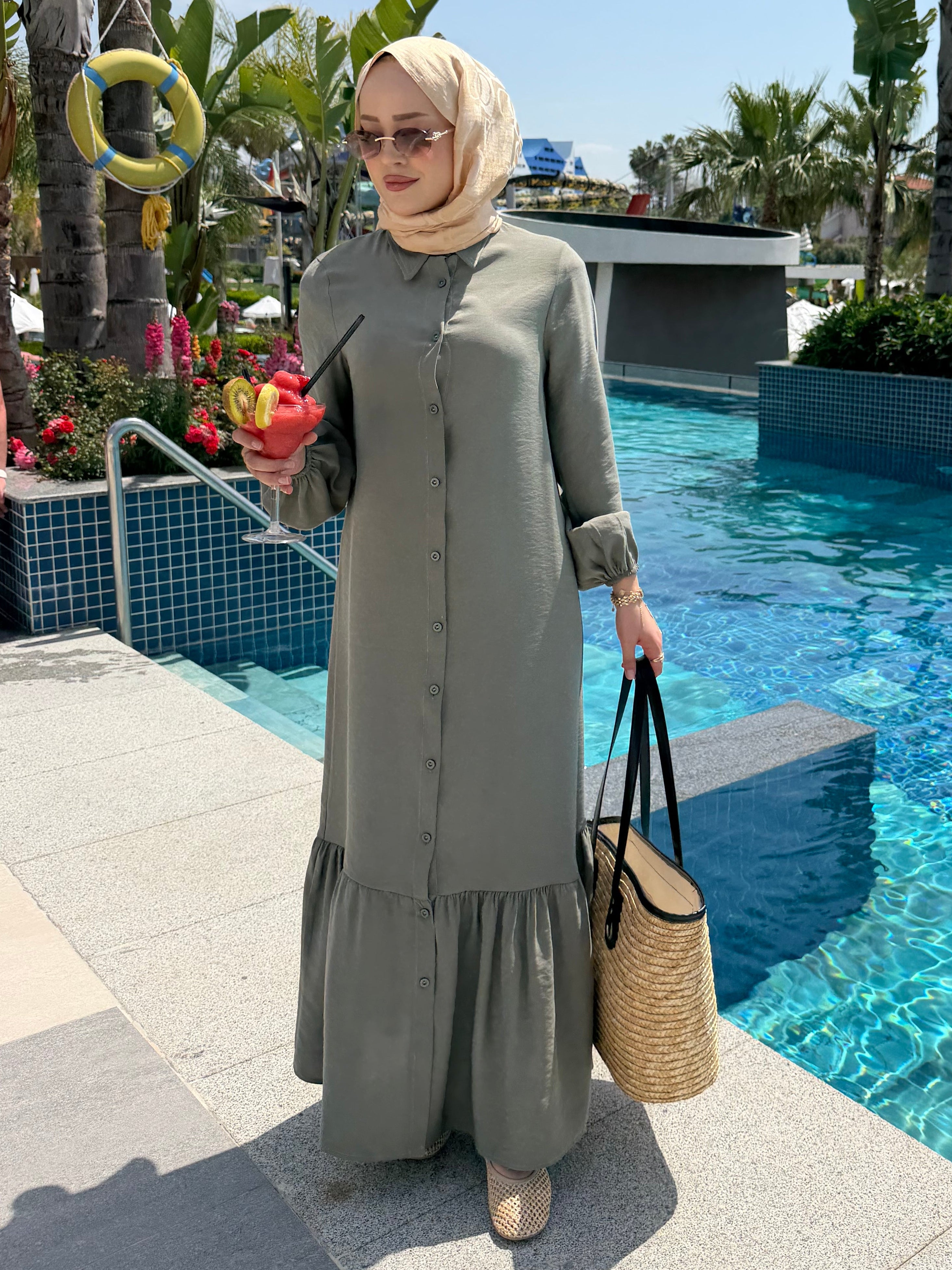 Düğme detaylı volanlı Leyla elbise mint yeşili