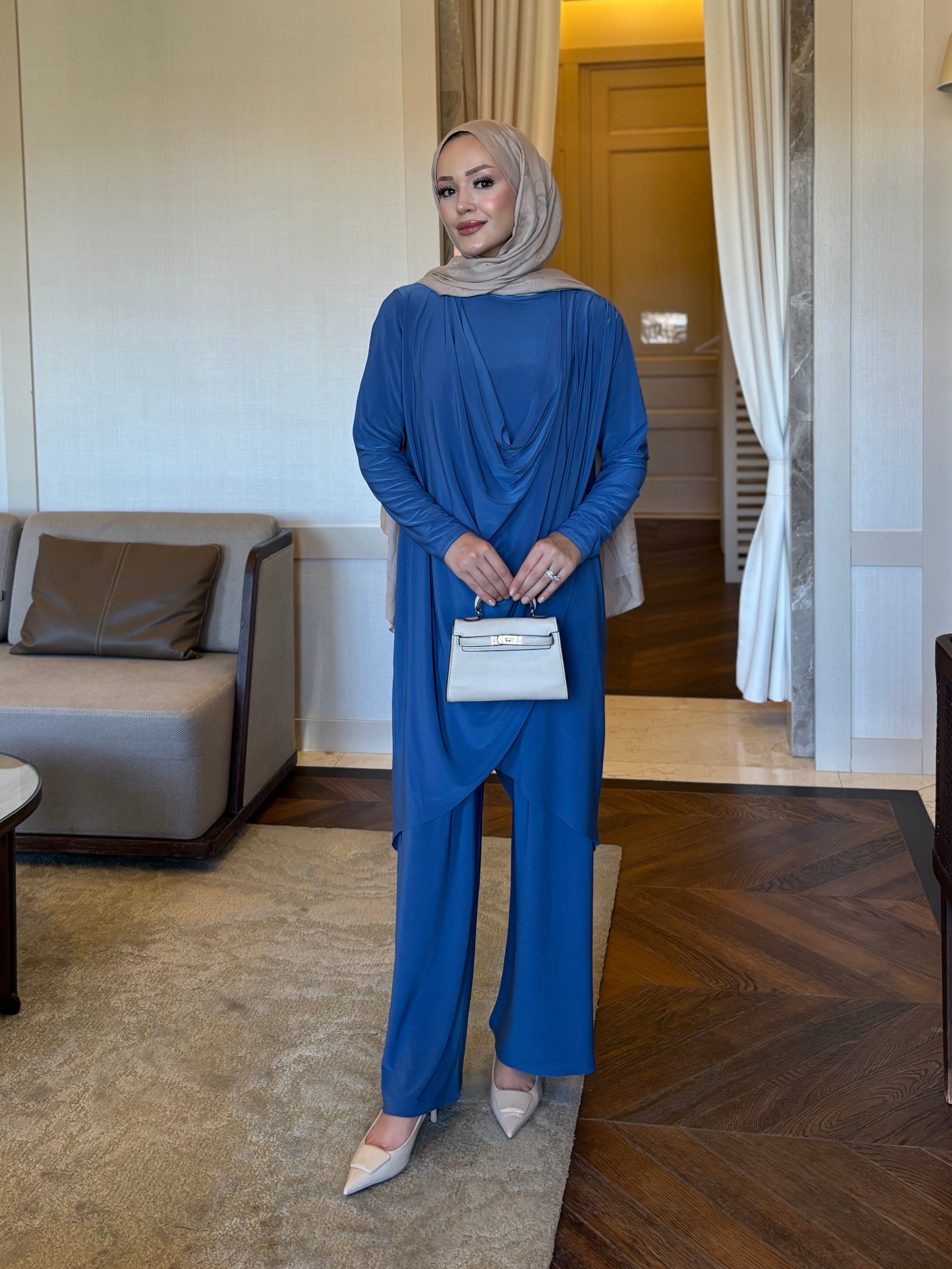 Luar drape detay takım mavi