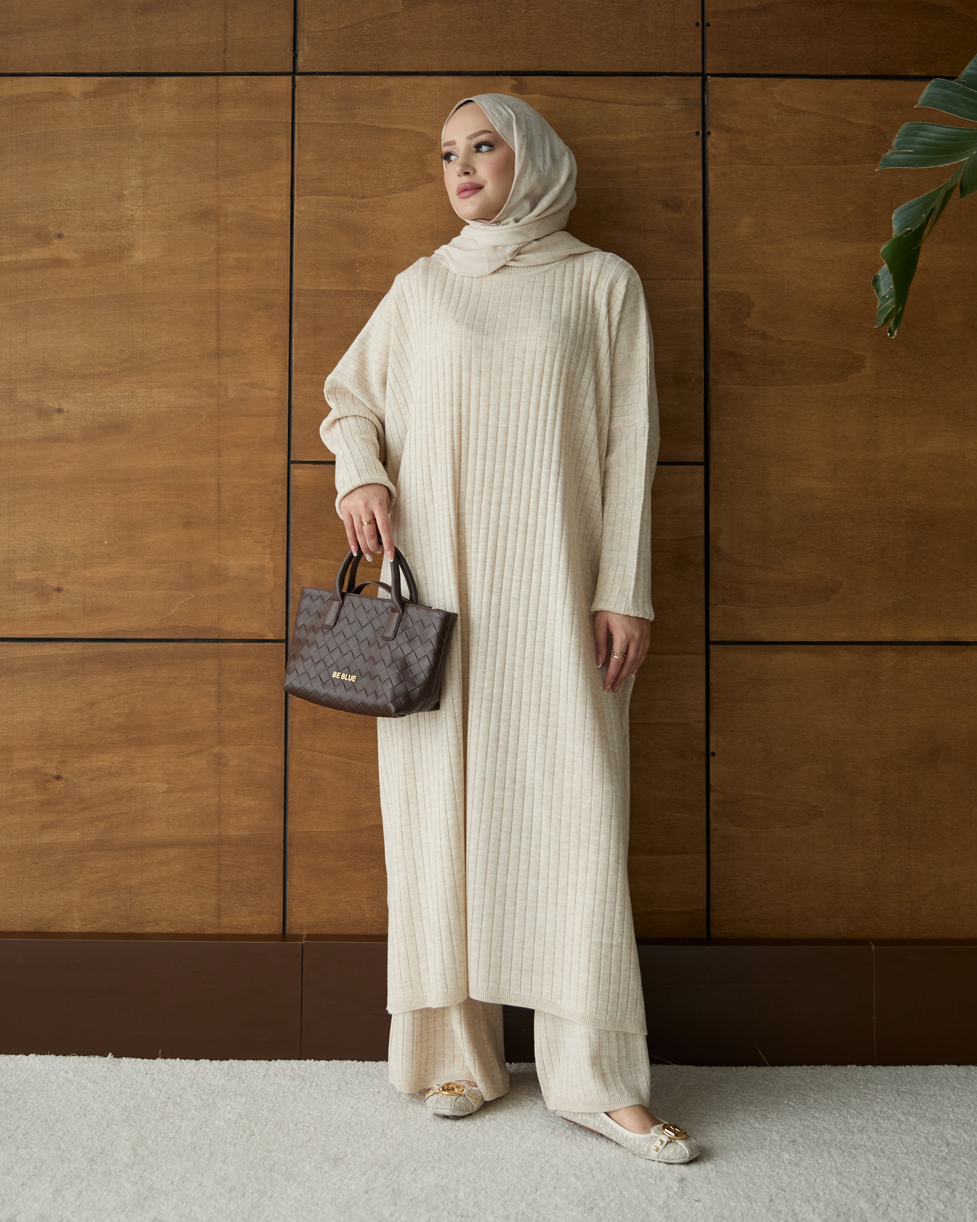 Çizgili triko tunik & pantolon krem