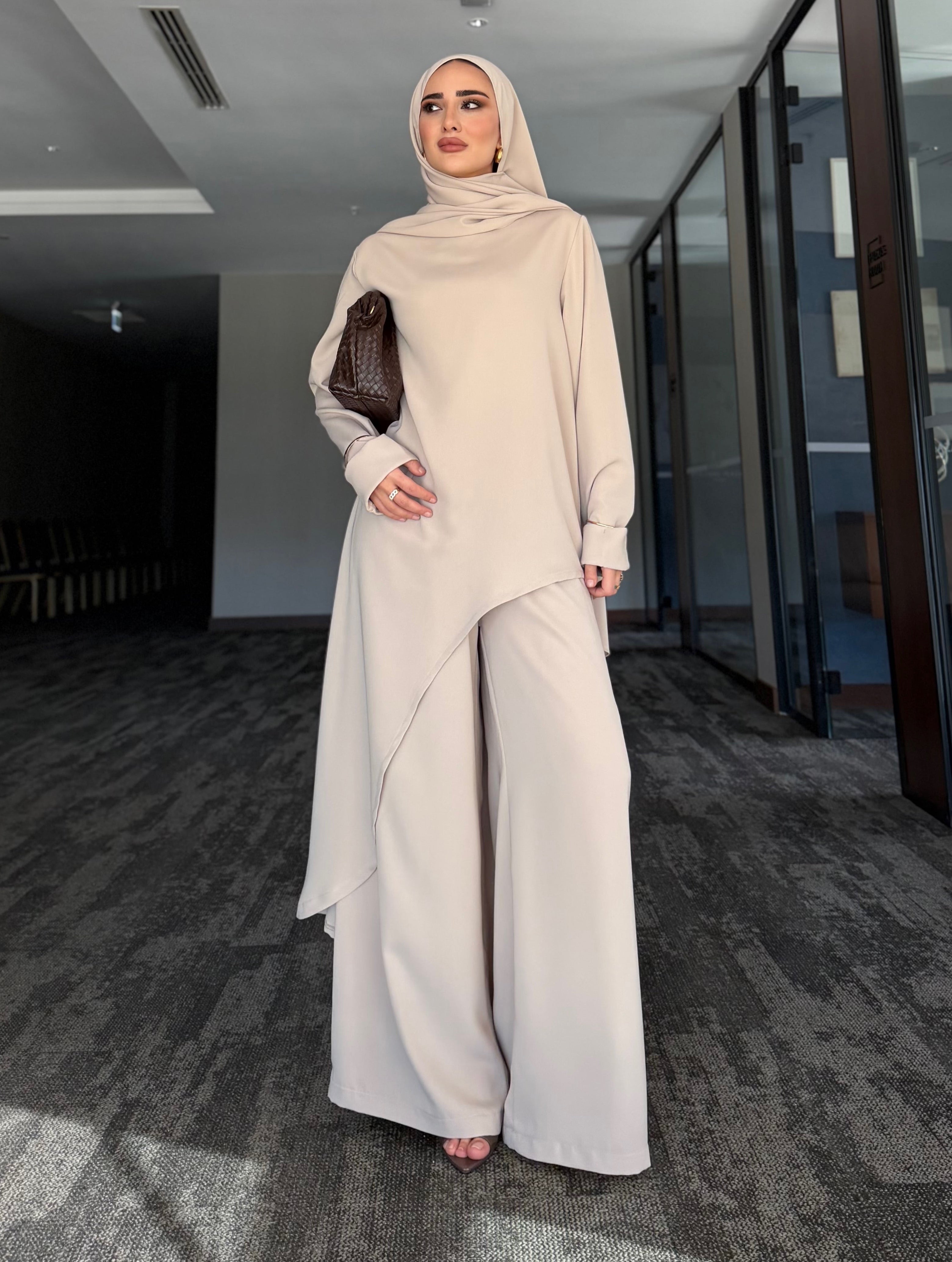 Aura asimetrik kesim tunik & pantolon taş rengi