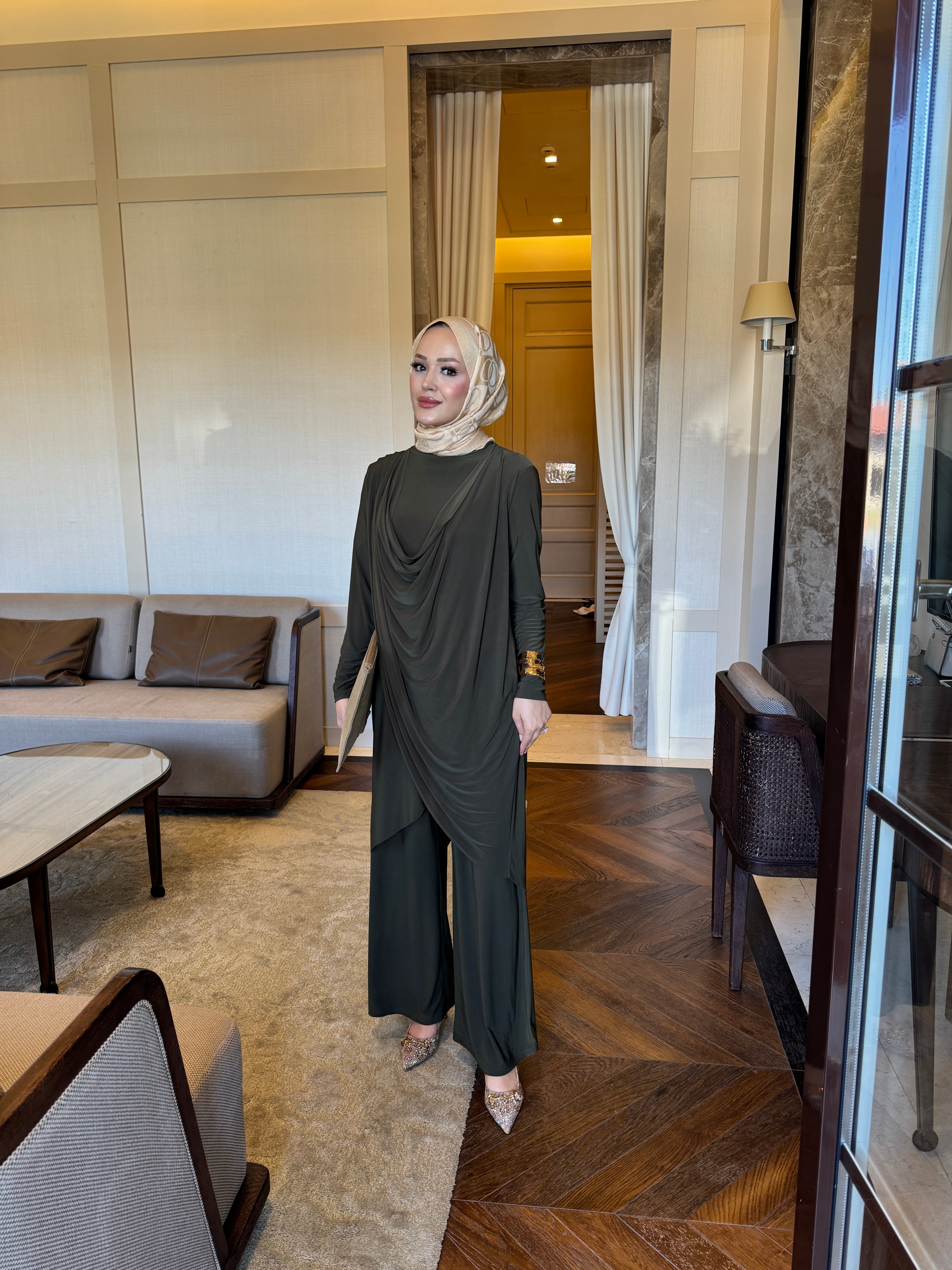 Luar drape detay takım haki yeşil