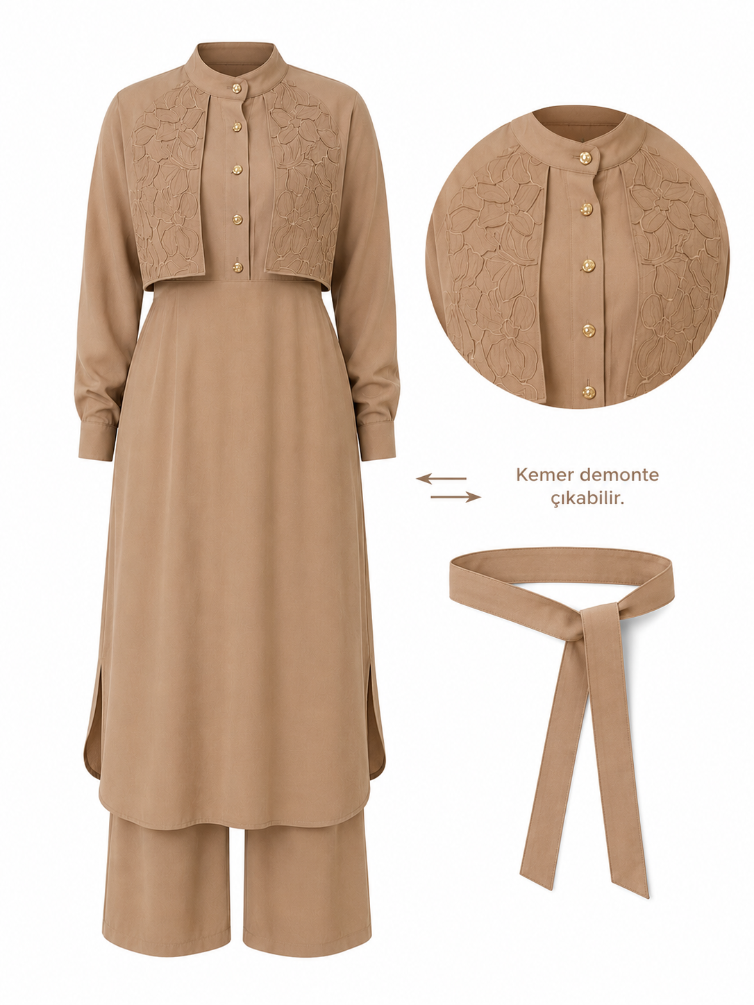 Sahra nakış detaylı tunik & pantolon takım vizon