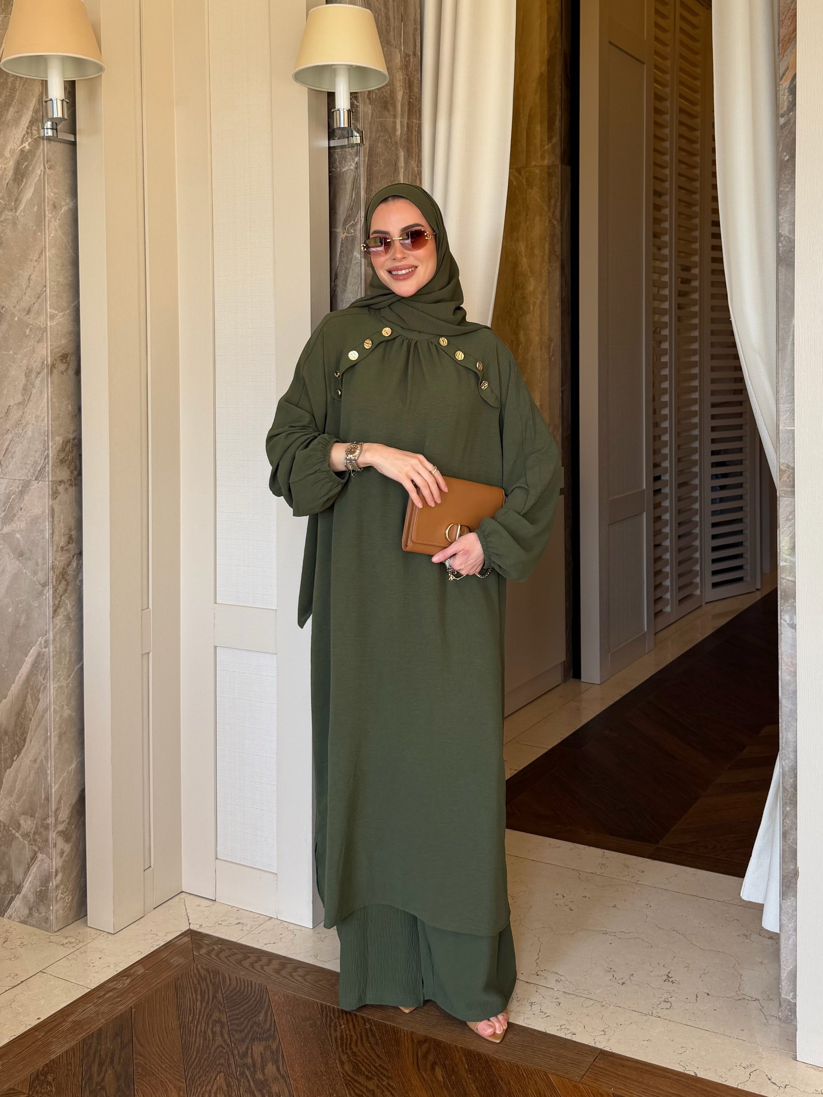 Lavin gold detay düğmeli tunik & pantolon mint yeşili