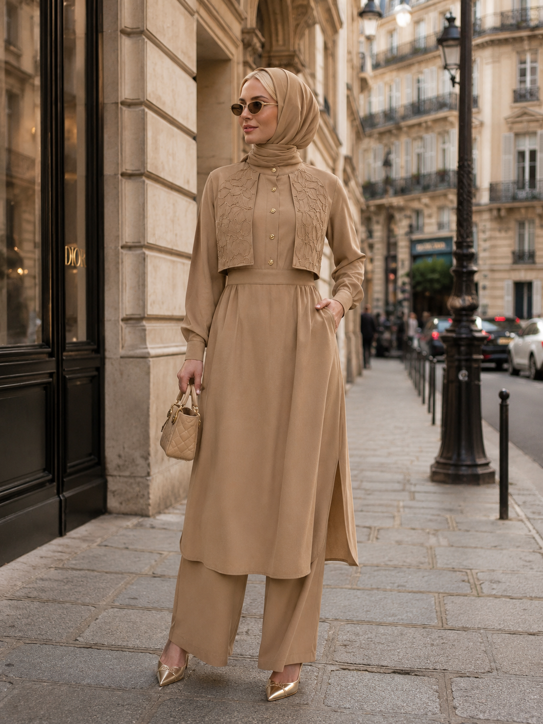 Sahra nakış detaylı tunik & pantolon takım vizon