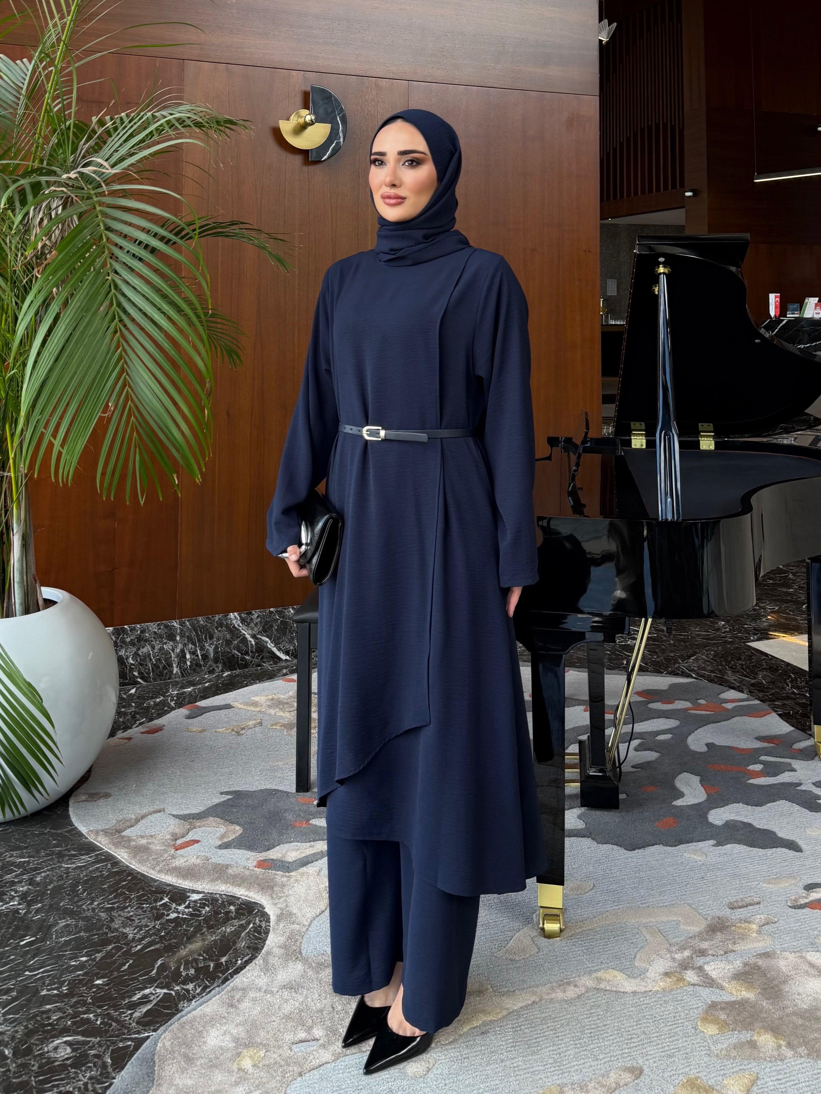 Vera asimetrik kesim katlı tunik & pantolon lacivert