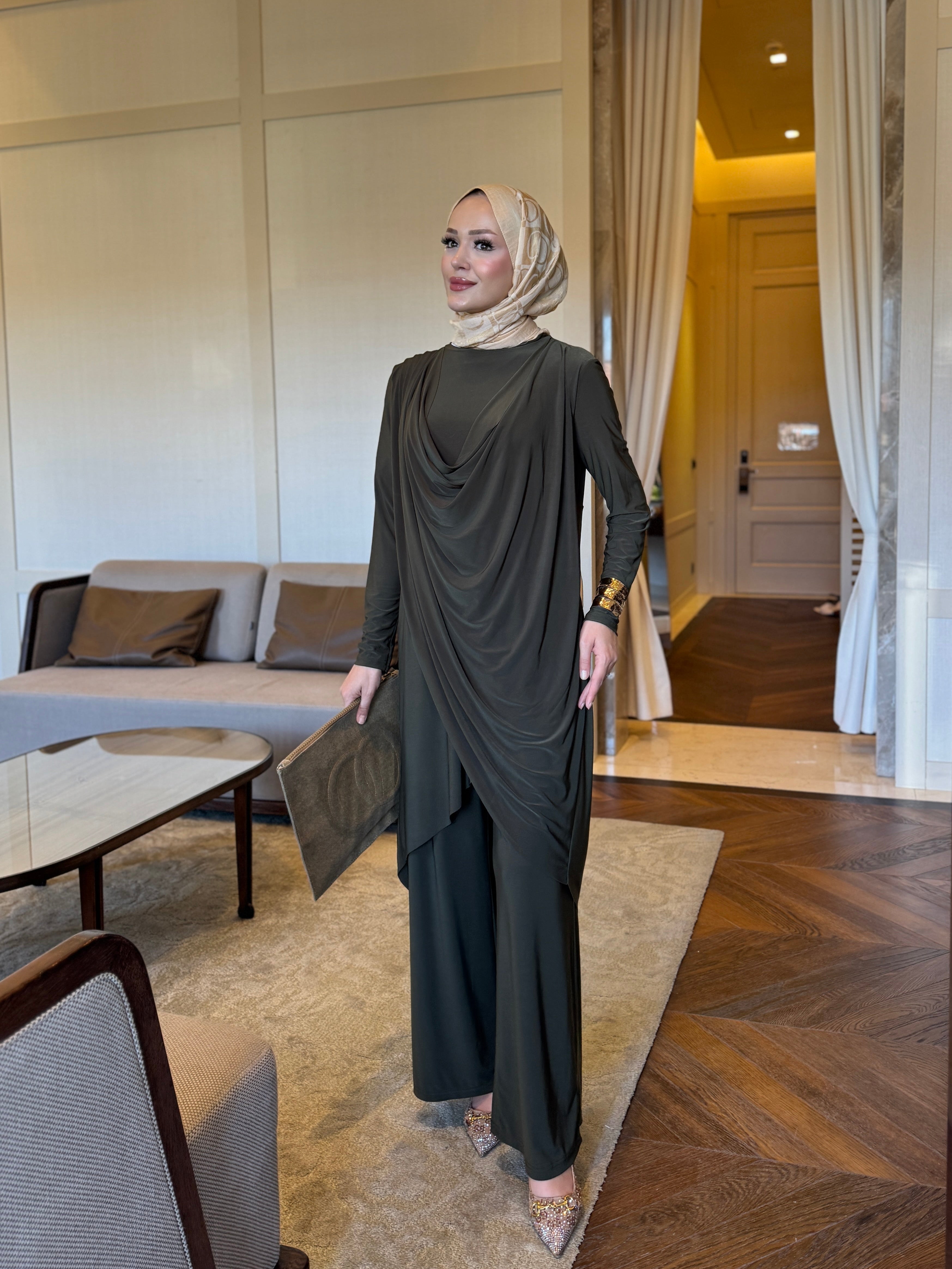 Luar drape detay takım haki yeşil