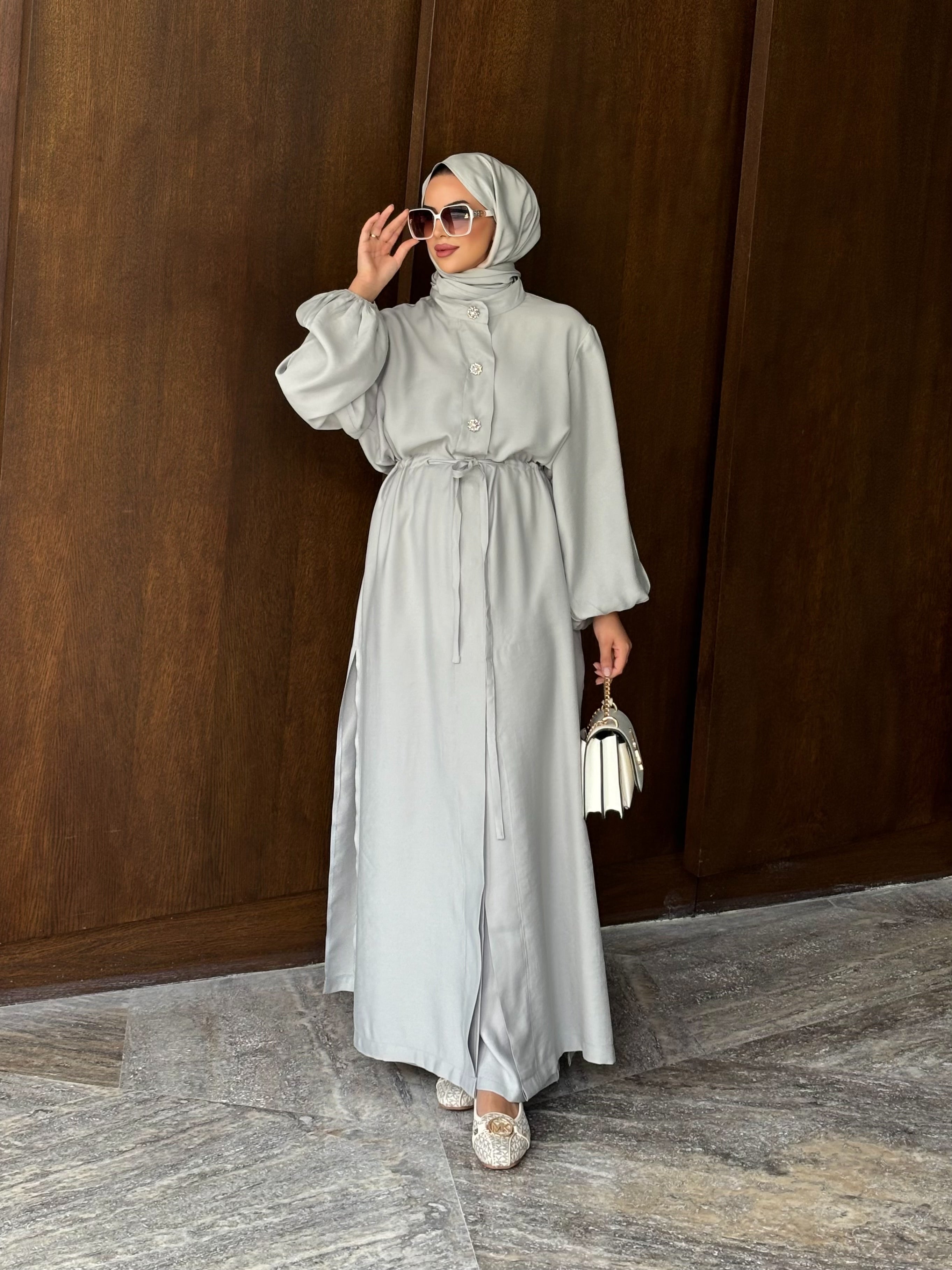 Kristal düğmeli tunik & pantolon takım açık gri