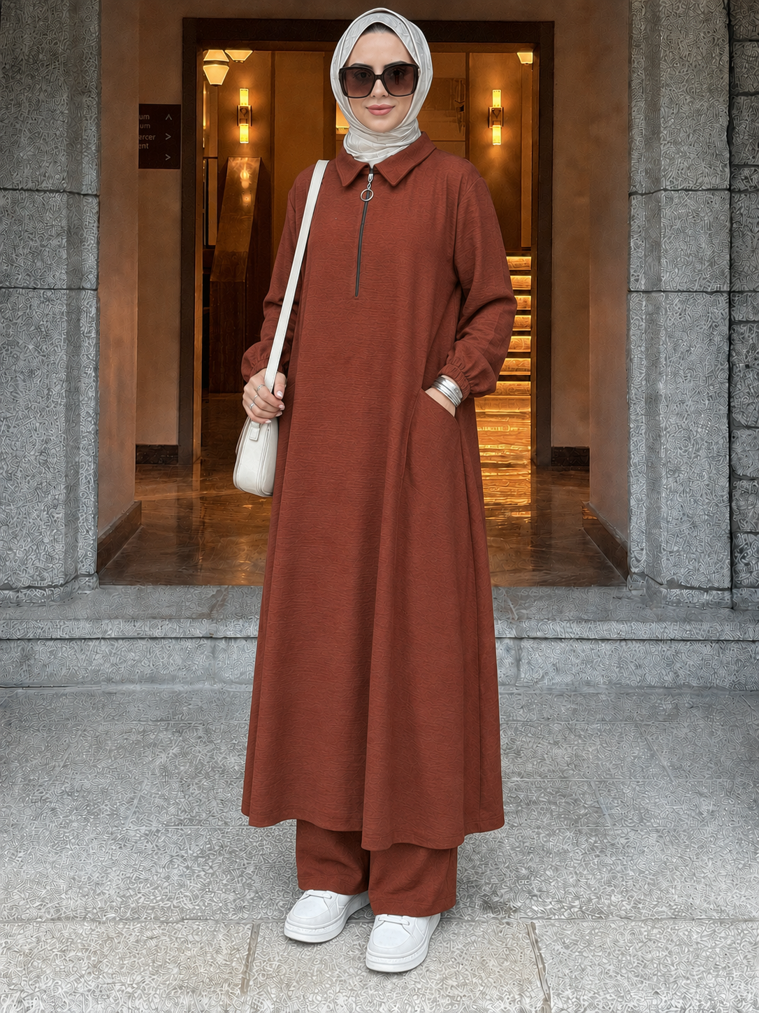 Soft fermuarlı tunik & pantolon takım Kahverengi
