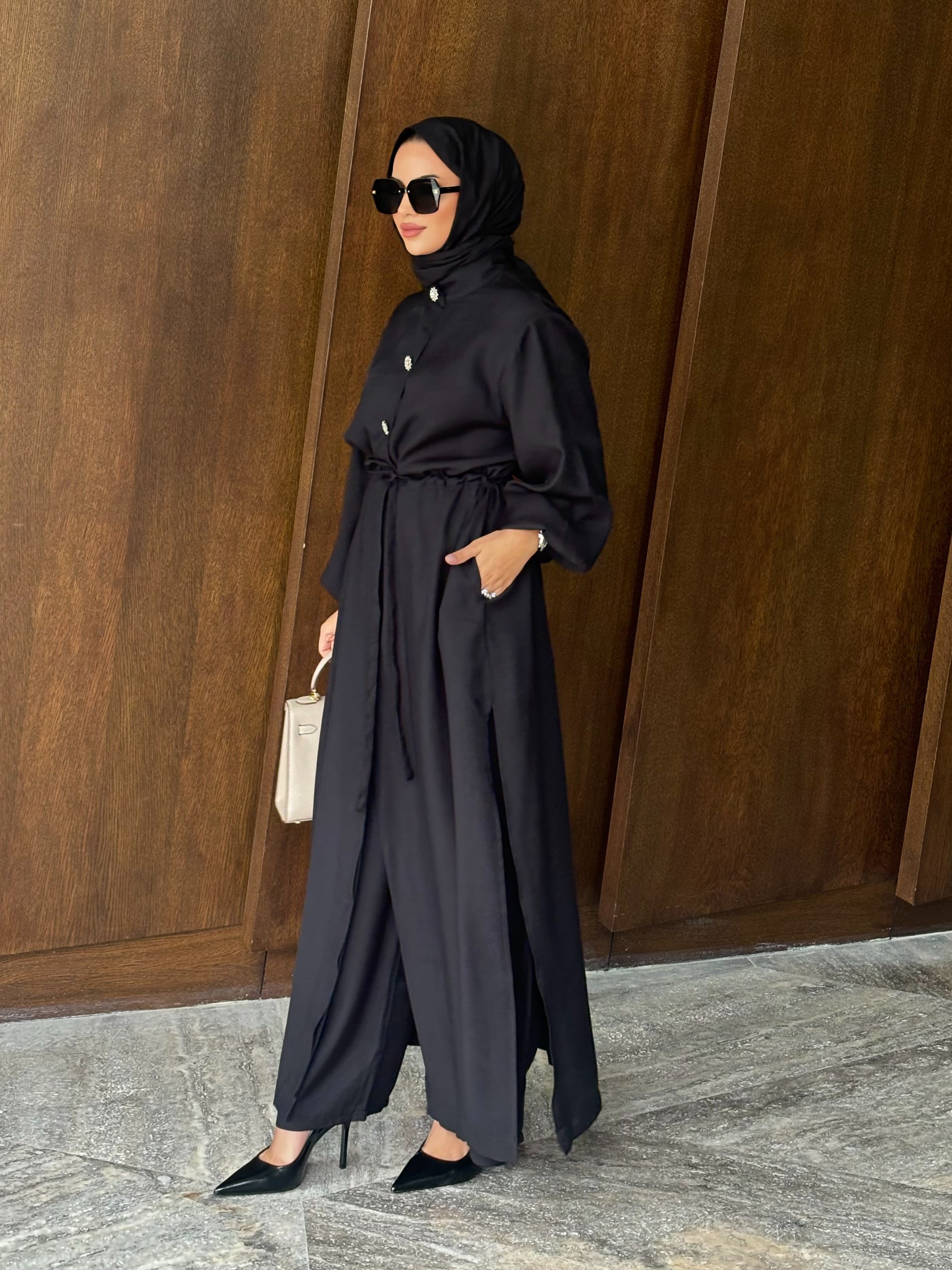 Kristal düğmeli tunik & pantolon takım siyah
