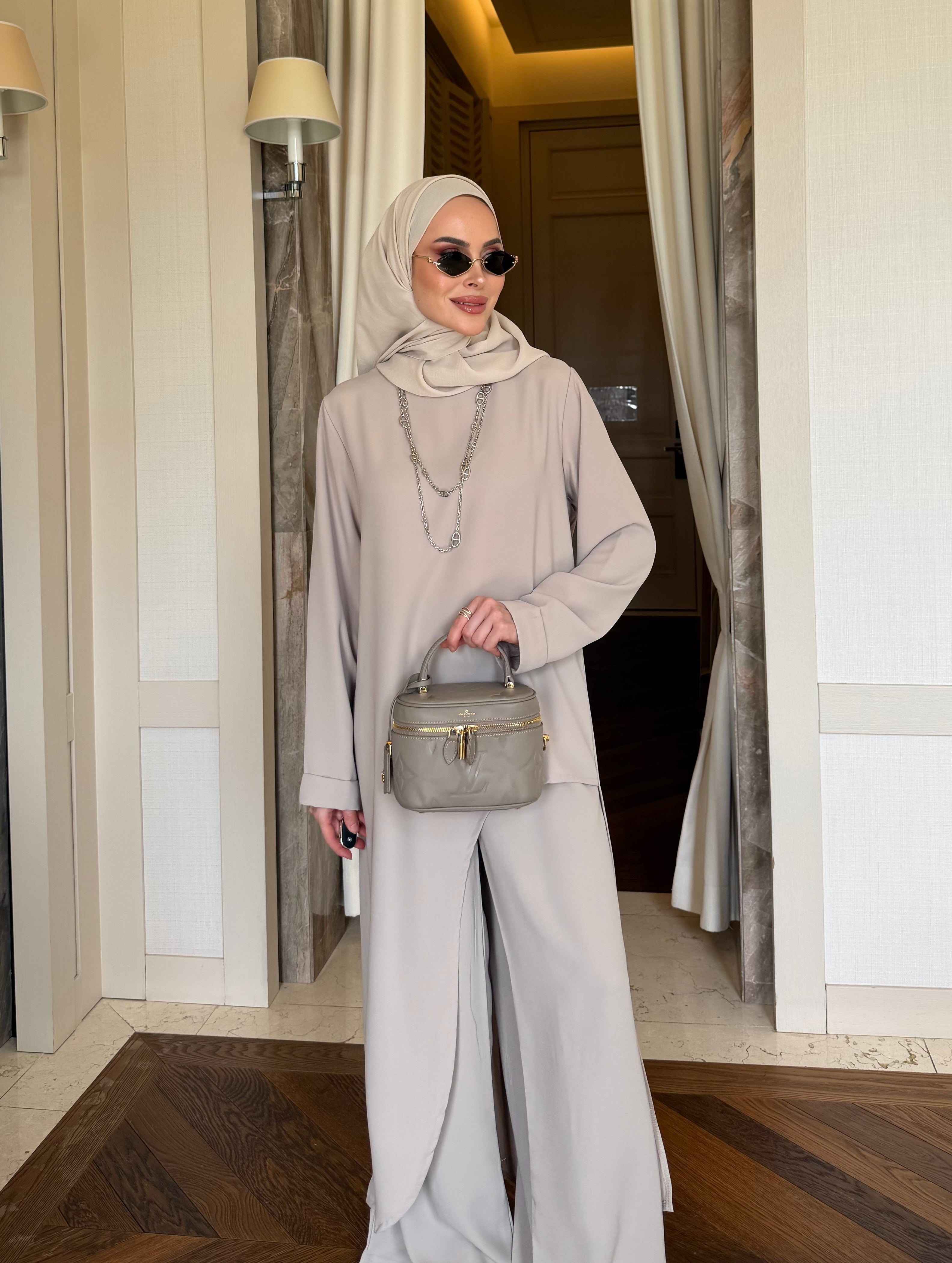 Aura asimetrik kesim tunik & pantolon taş rengi