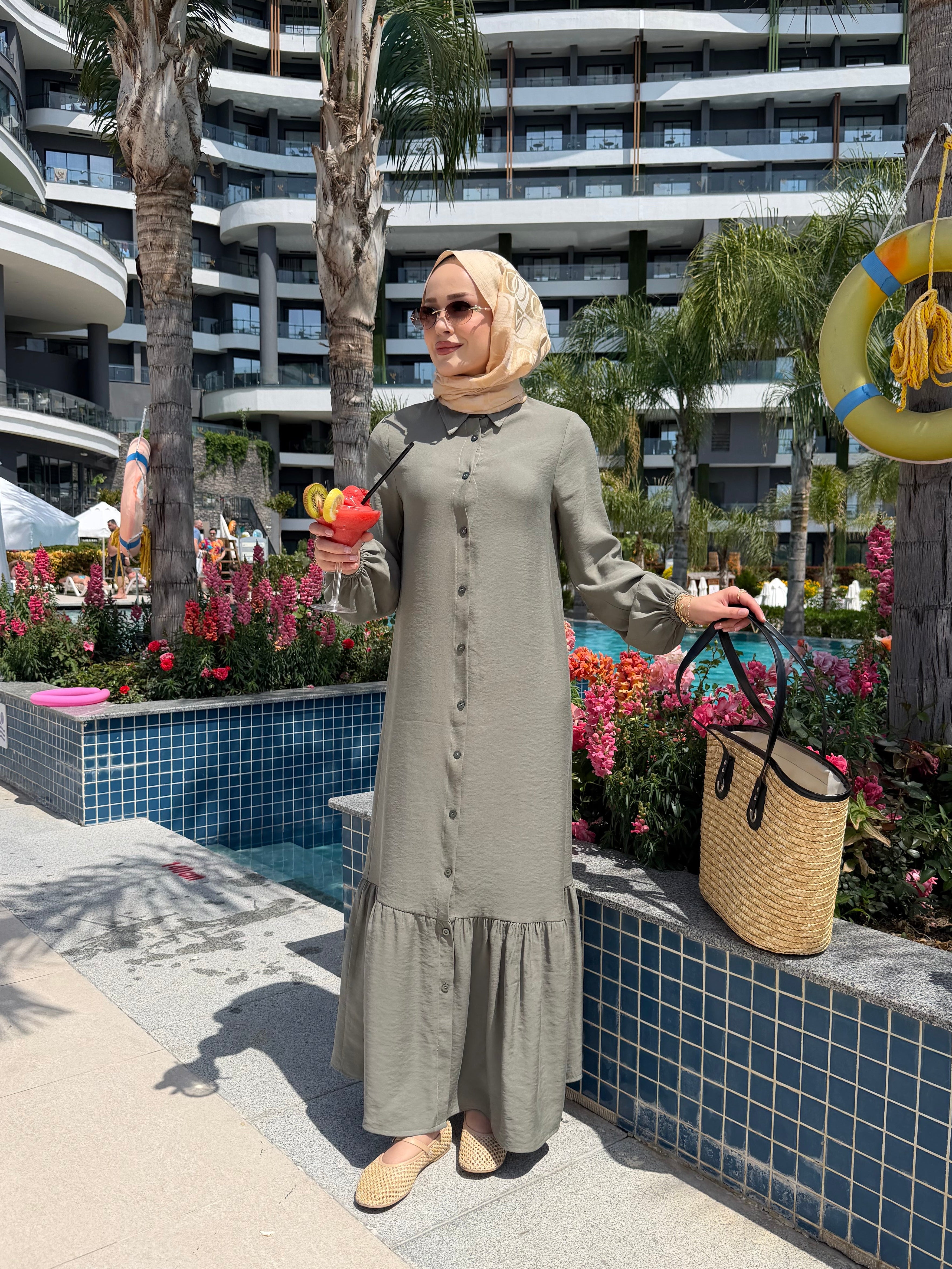 Düğme detaylı volanlı Leyla elbise mint yeşili