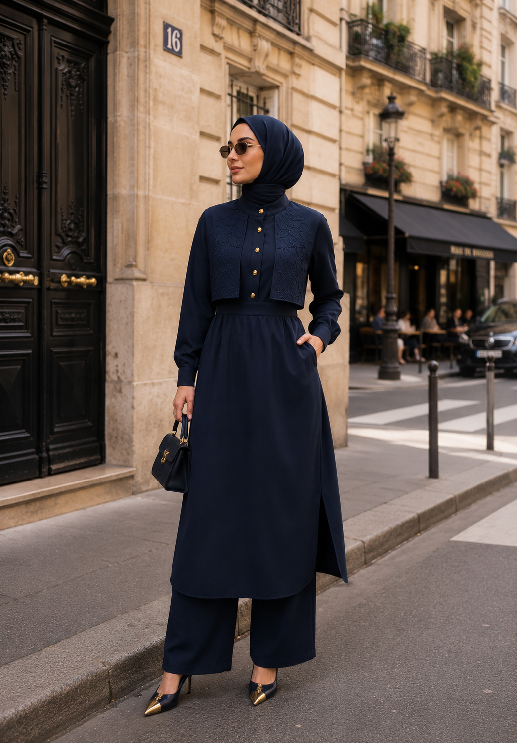 Sahra nakış detaylı tunik & pantolon takım lacivert