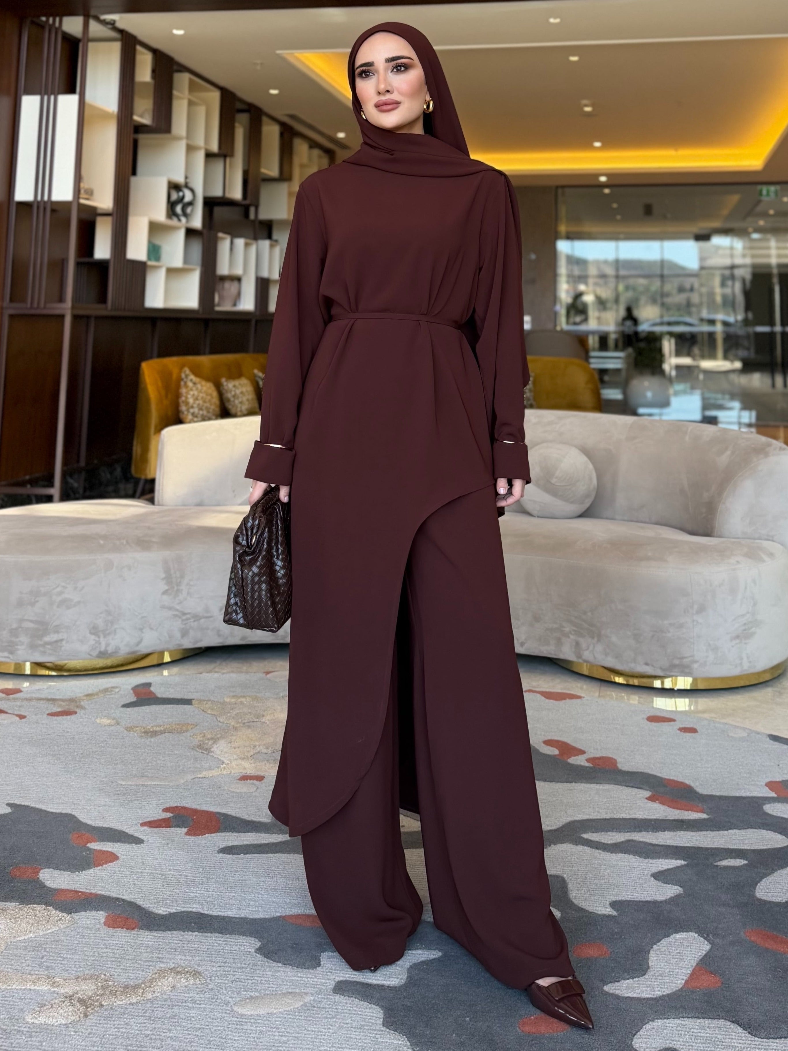 Aura asimetrik kesim tunik & pantolon kahverengi