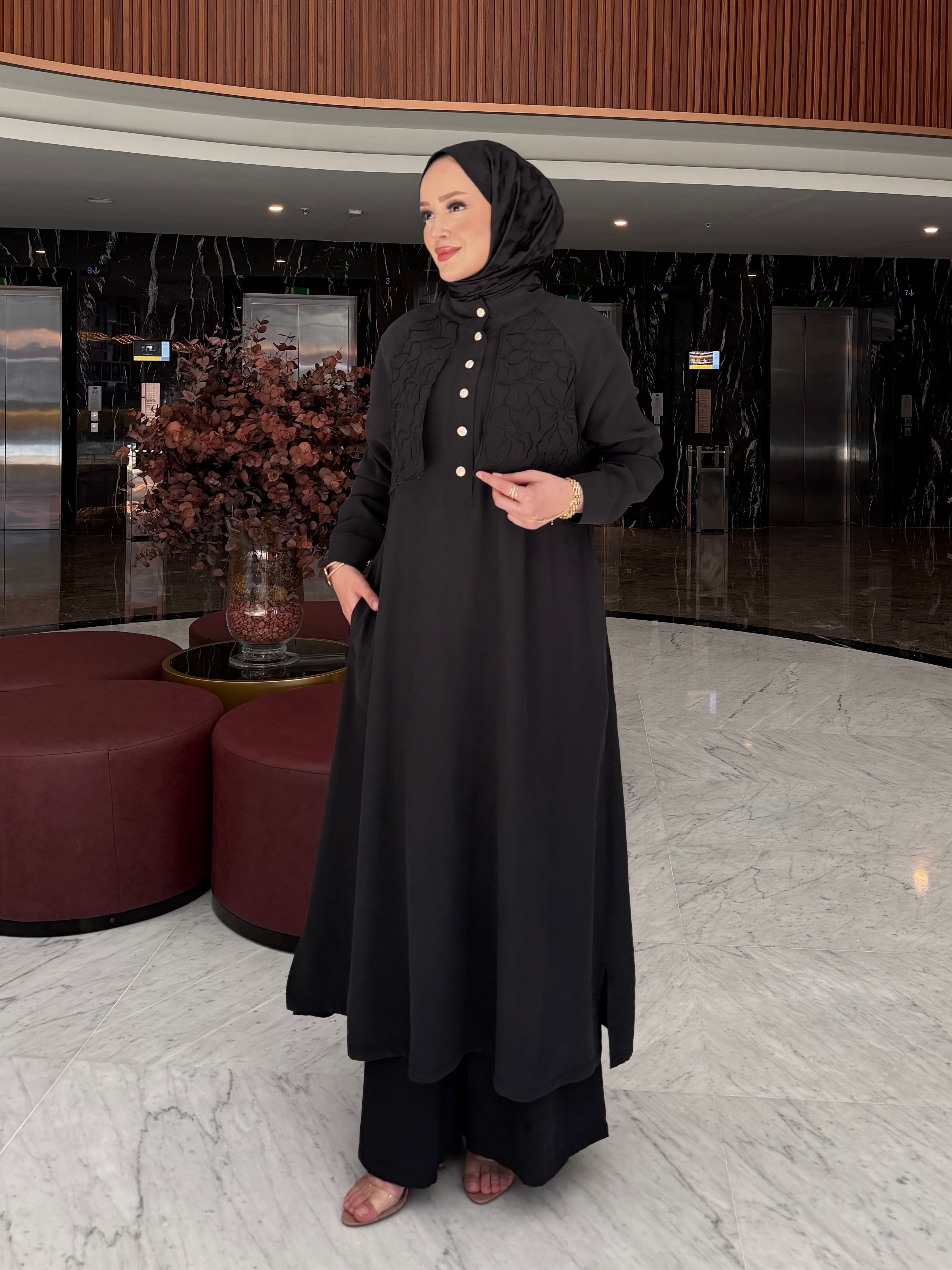 Sahra nakış detaylı tunik & pantolon takım siyah
