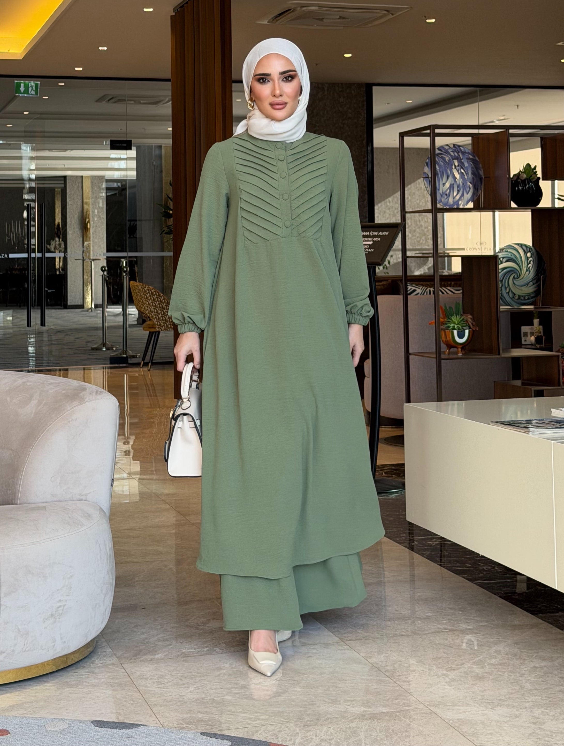 Nazende nervür detaylı tunik & etek mint yeşili