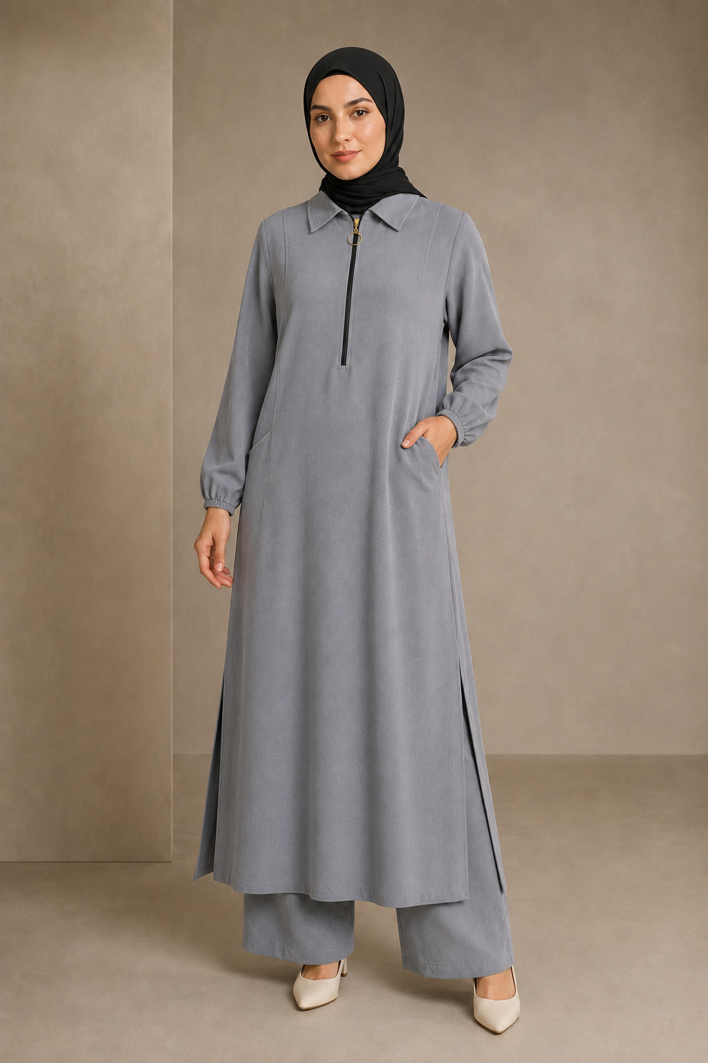 Soft fermuarlı tunik & pantolon takım Antrasit gri