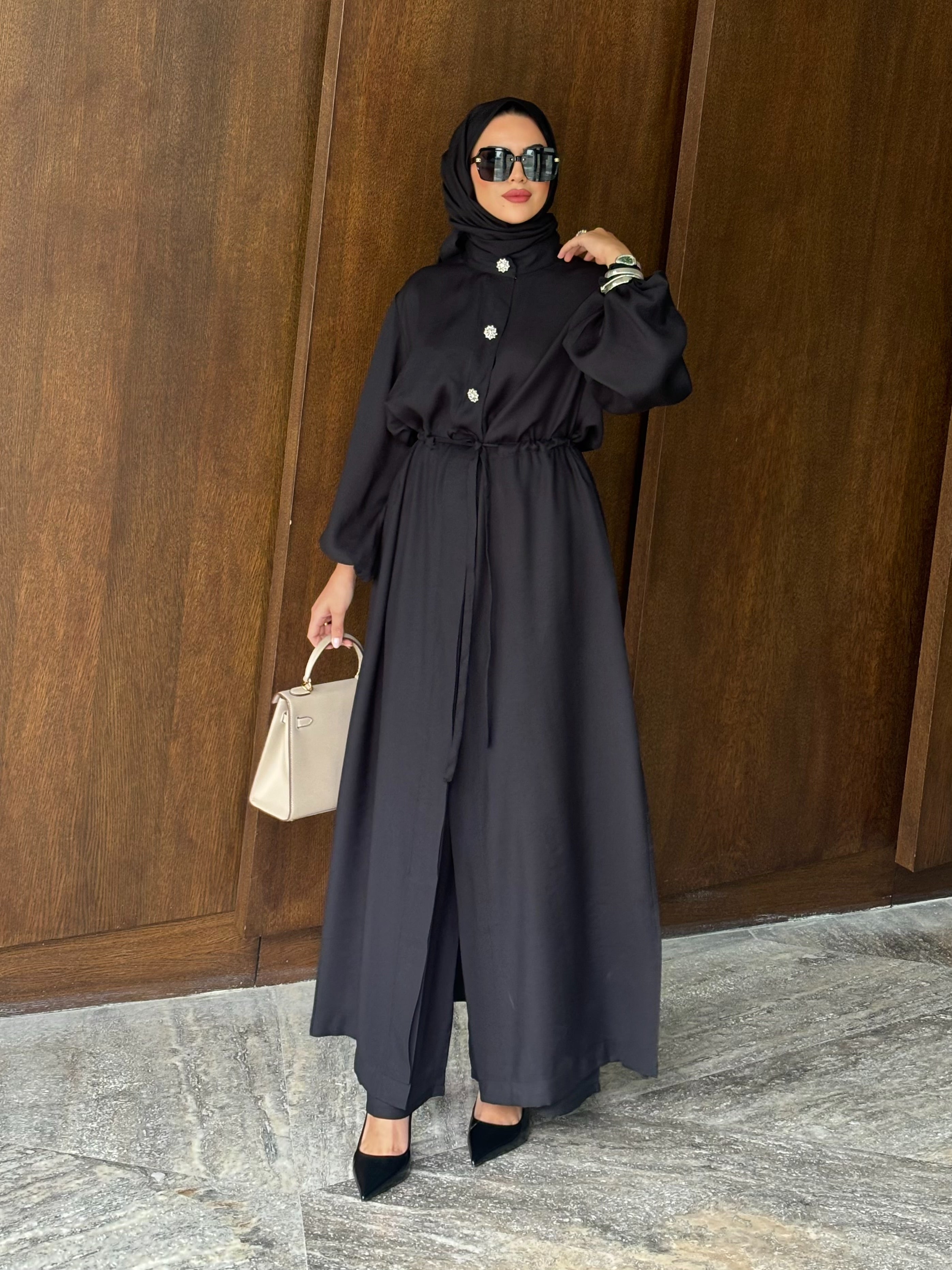 Kristal düğmeli tunik & pantolon takım siyah
