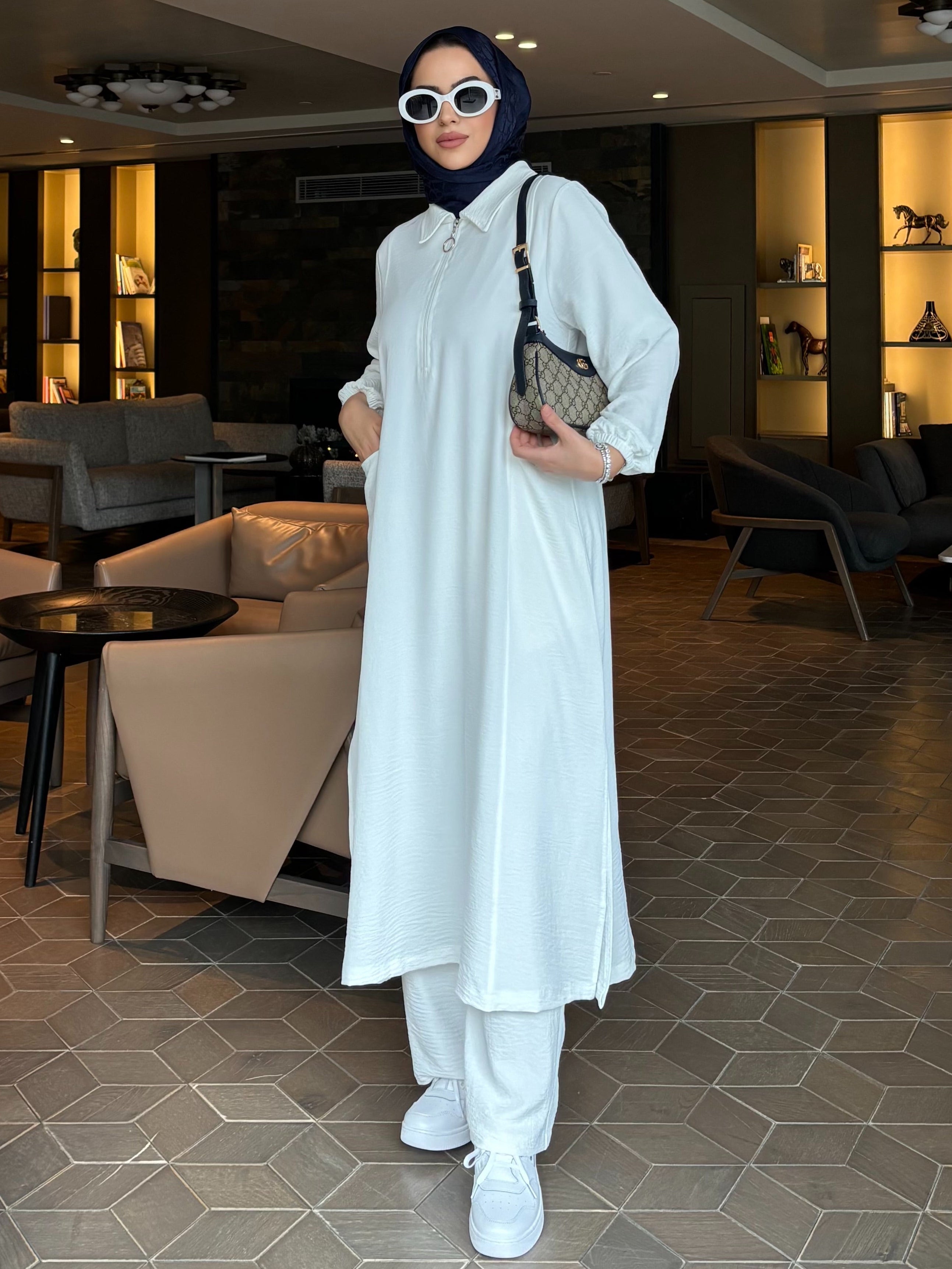 Soft fermuarlı tunik & pantolon takım beyaz