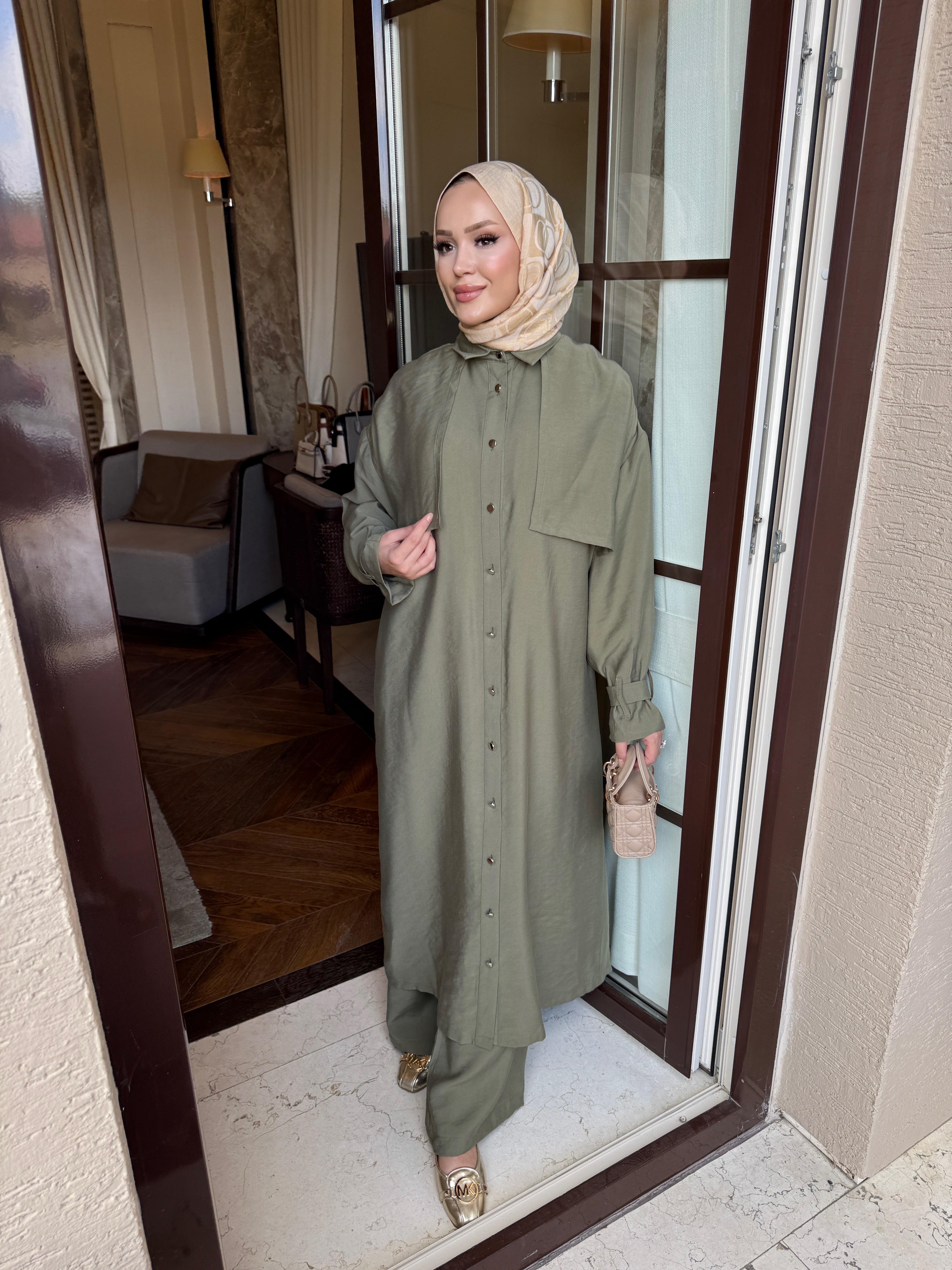 Diva trençkot pantolon takım mint yeşili