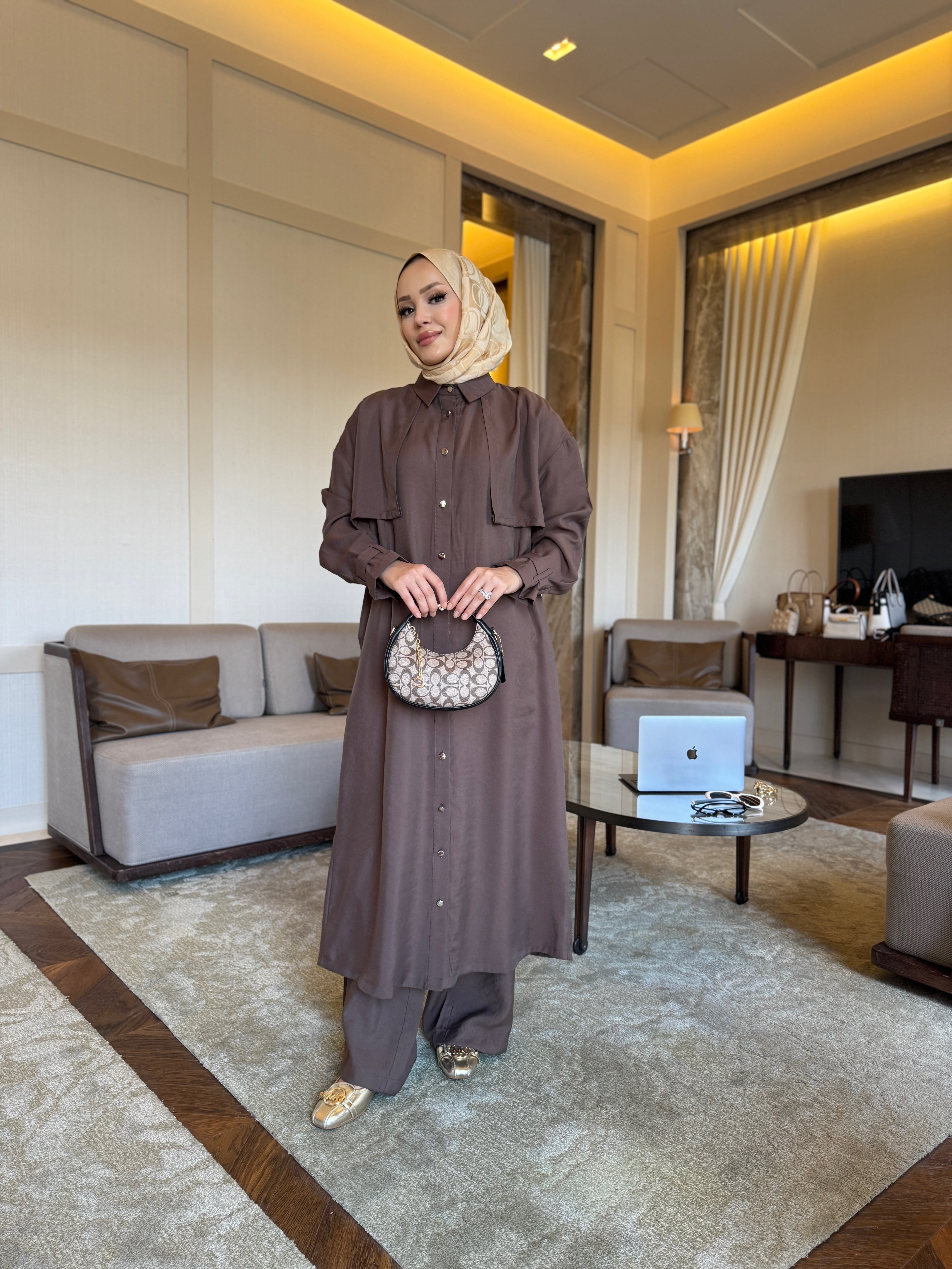 Diva trençkot pantolon takım kahverengi