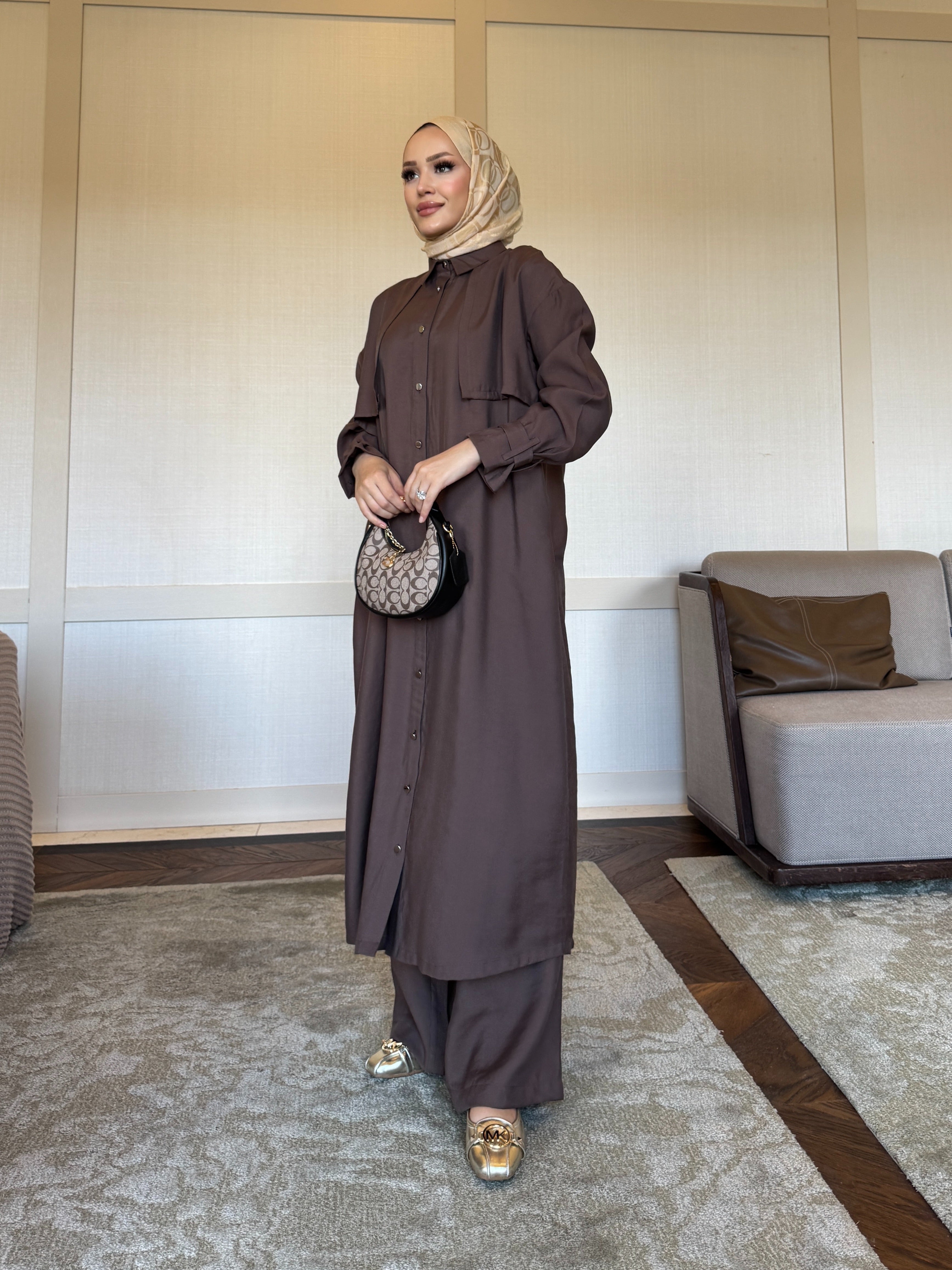 Diva trençkot pantolon takım kahverengi