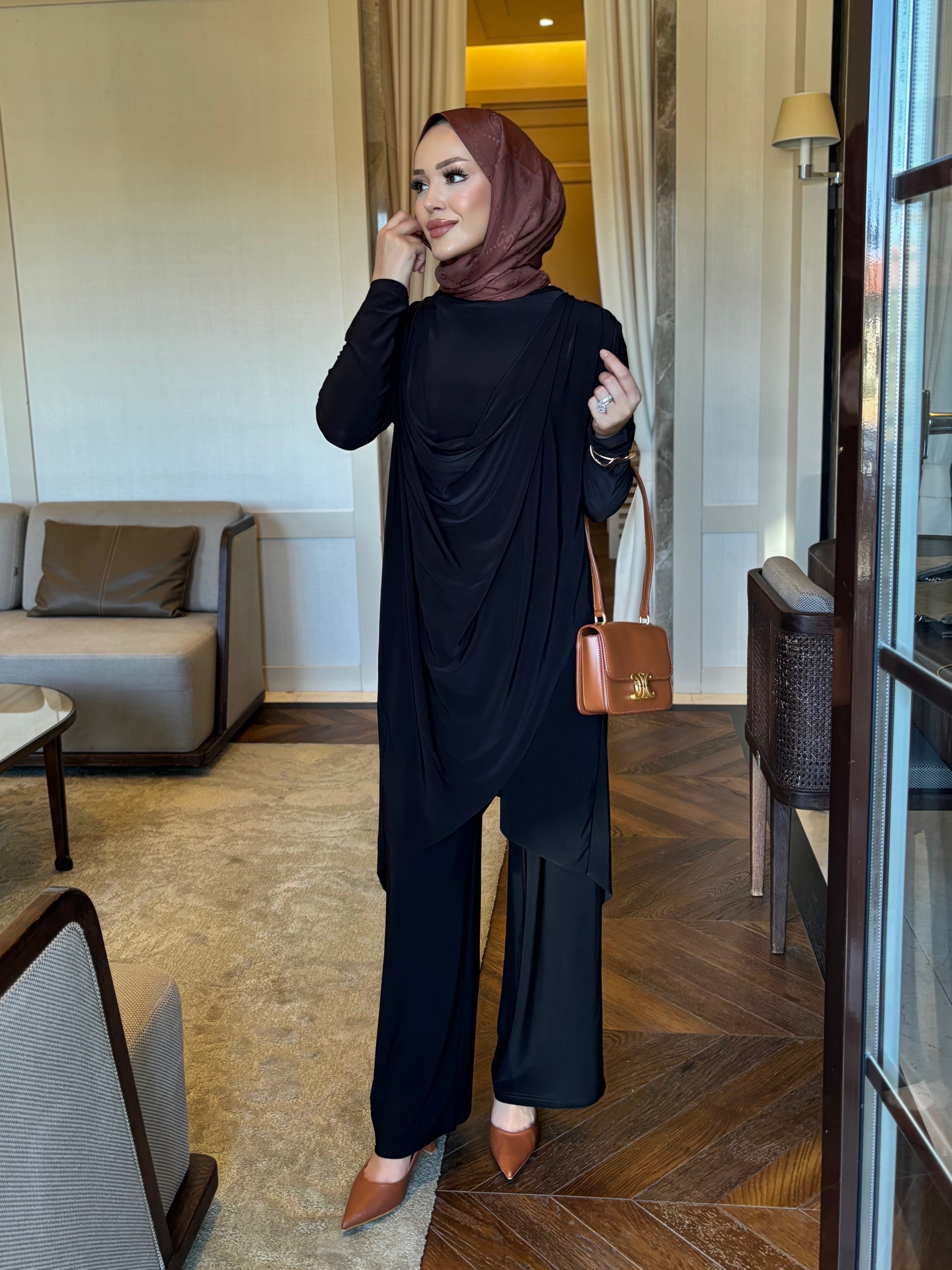 Luar drape detay tunik & pantolon takım siyah