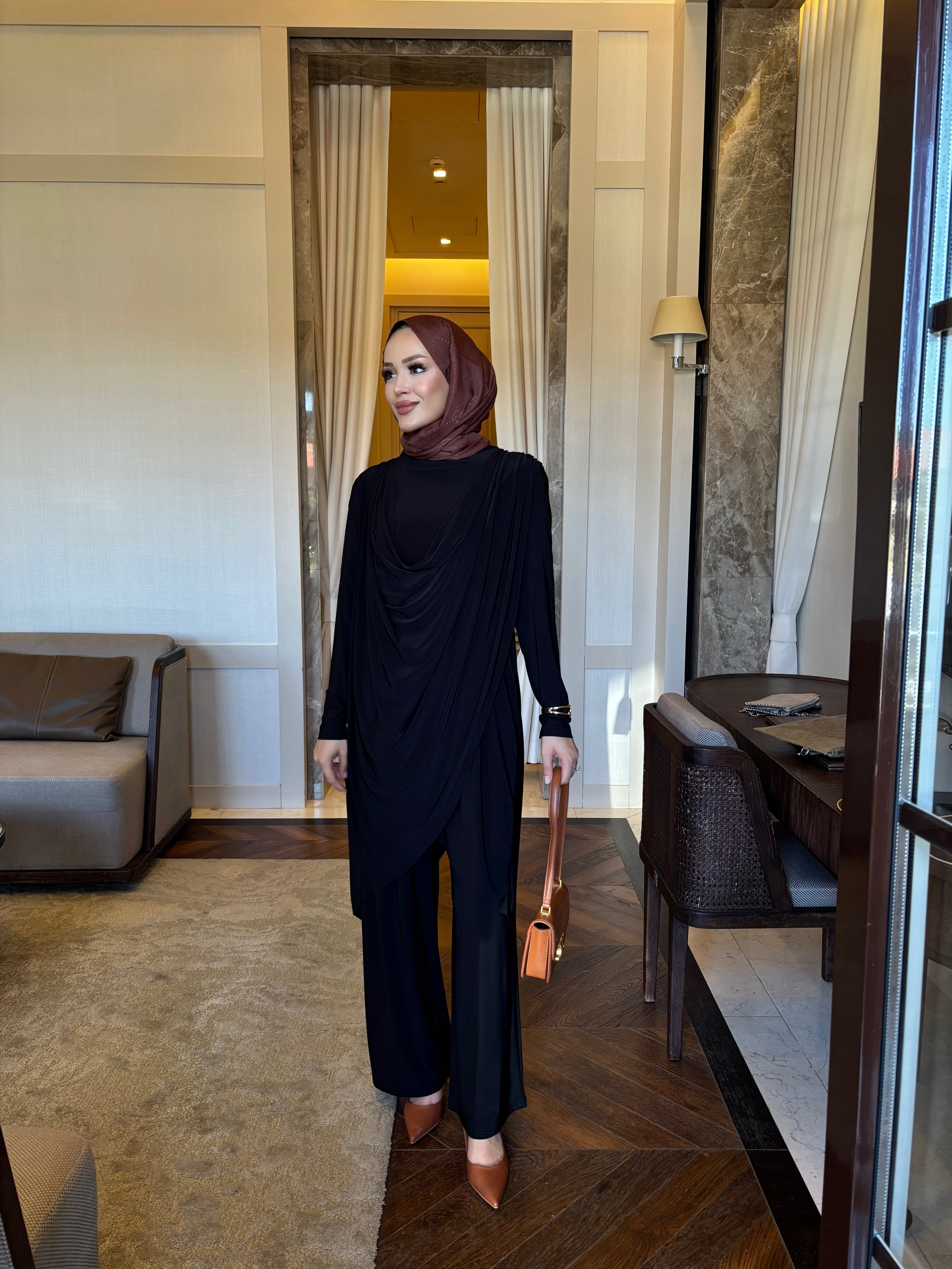 Luar drape detay tunik & pantolon takım siyah