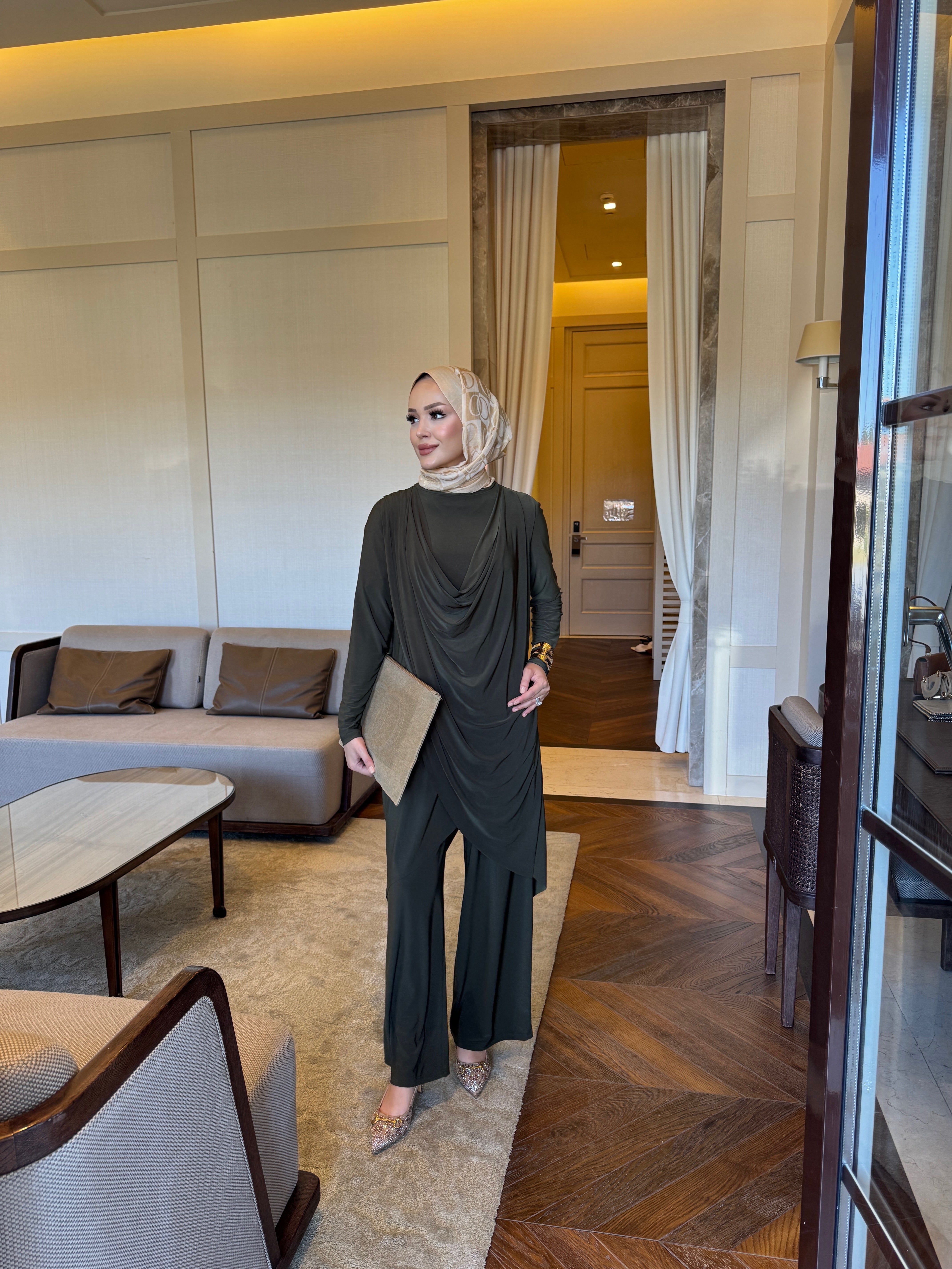 Luar drape detay tunik & pantolon takım haki yeşil