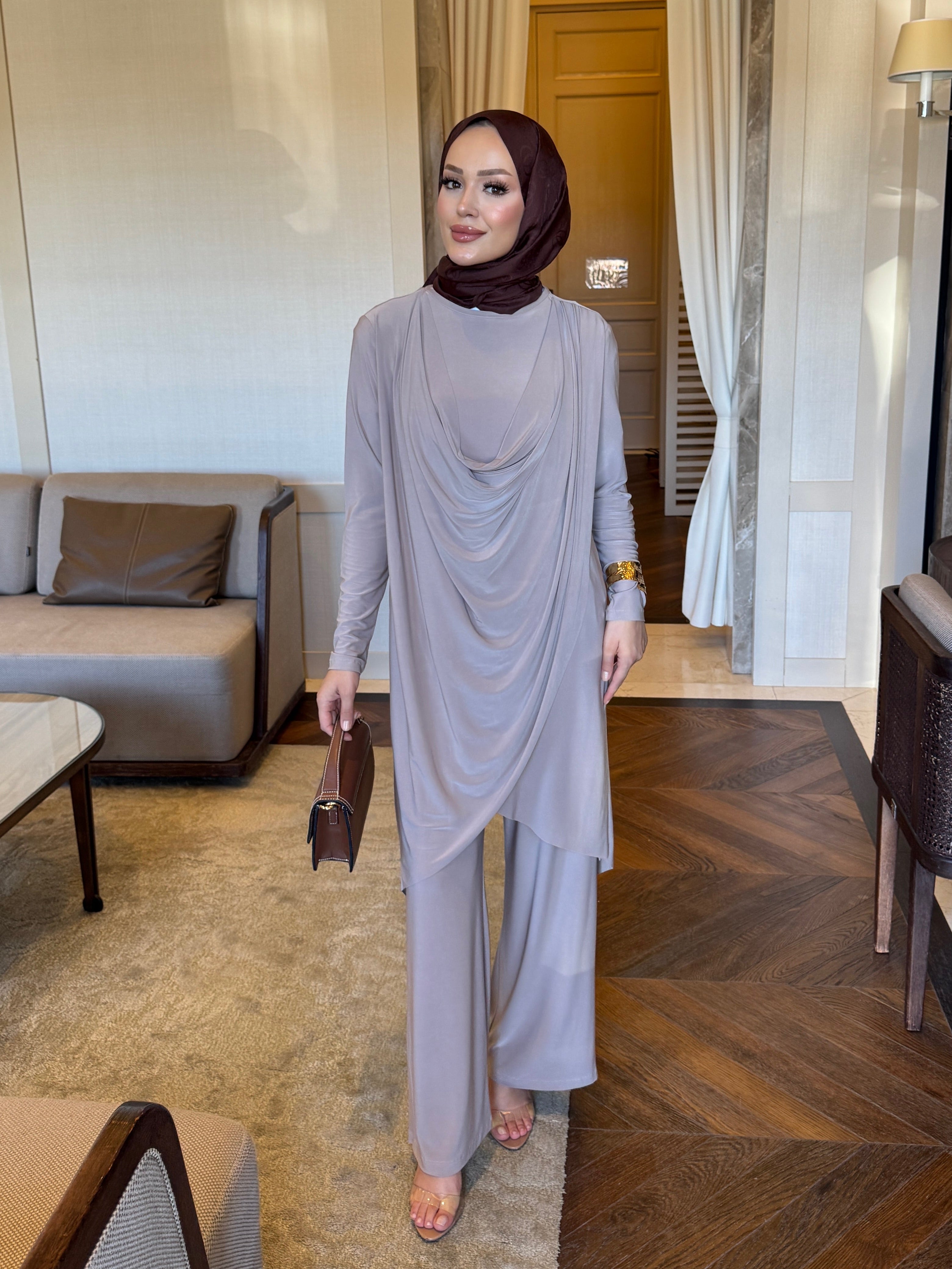 Luar drape detay tunik & pantolon takım vizon
