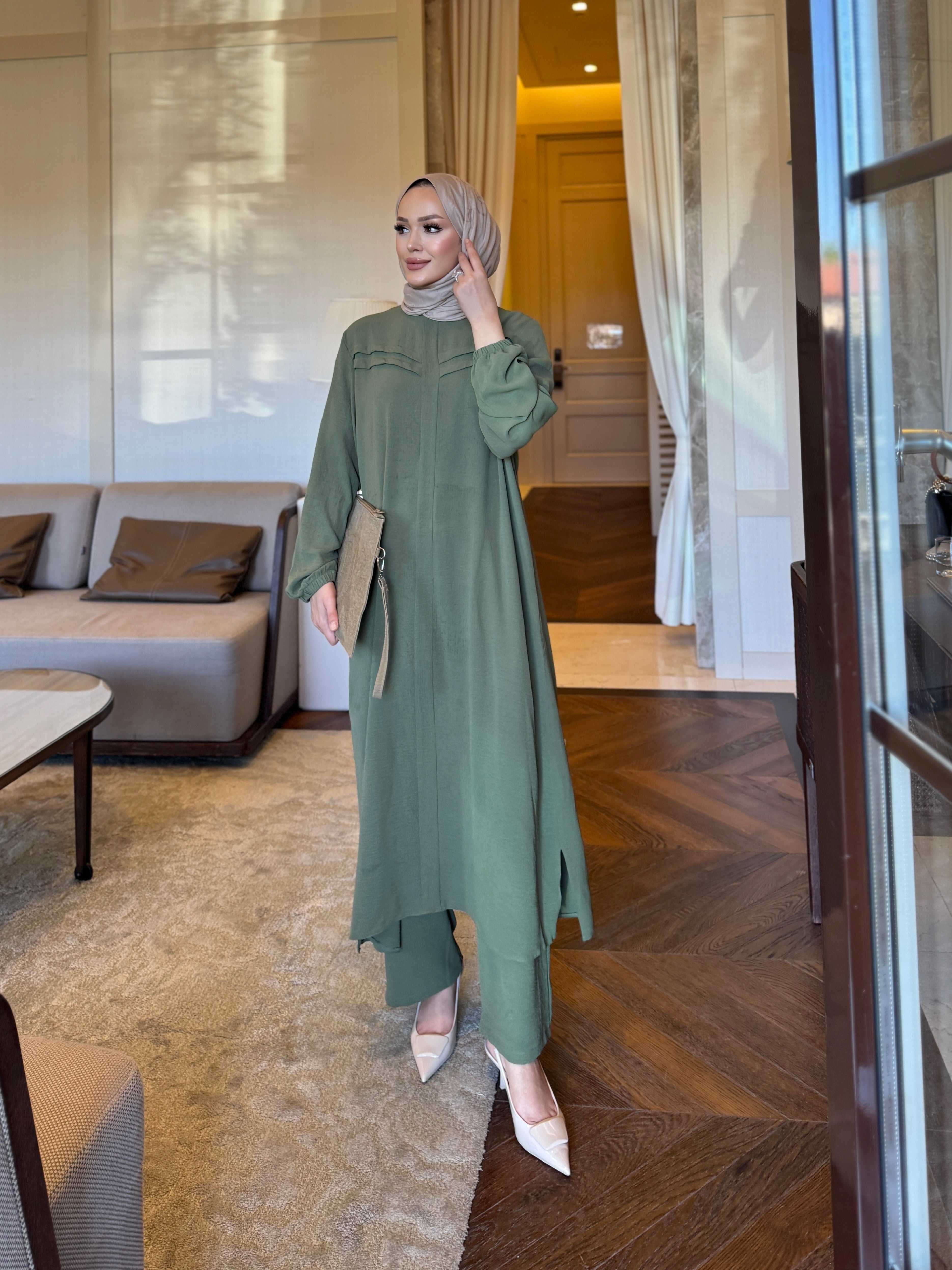 Alya şerit detay tunik & pantolon takım mint yeşili