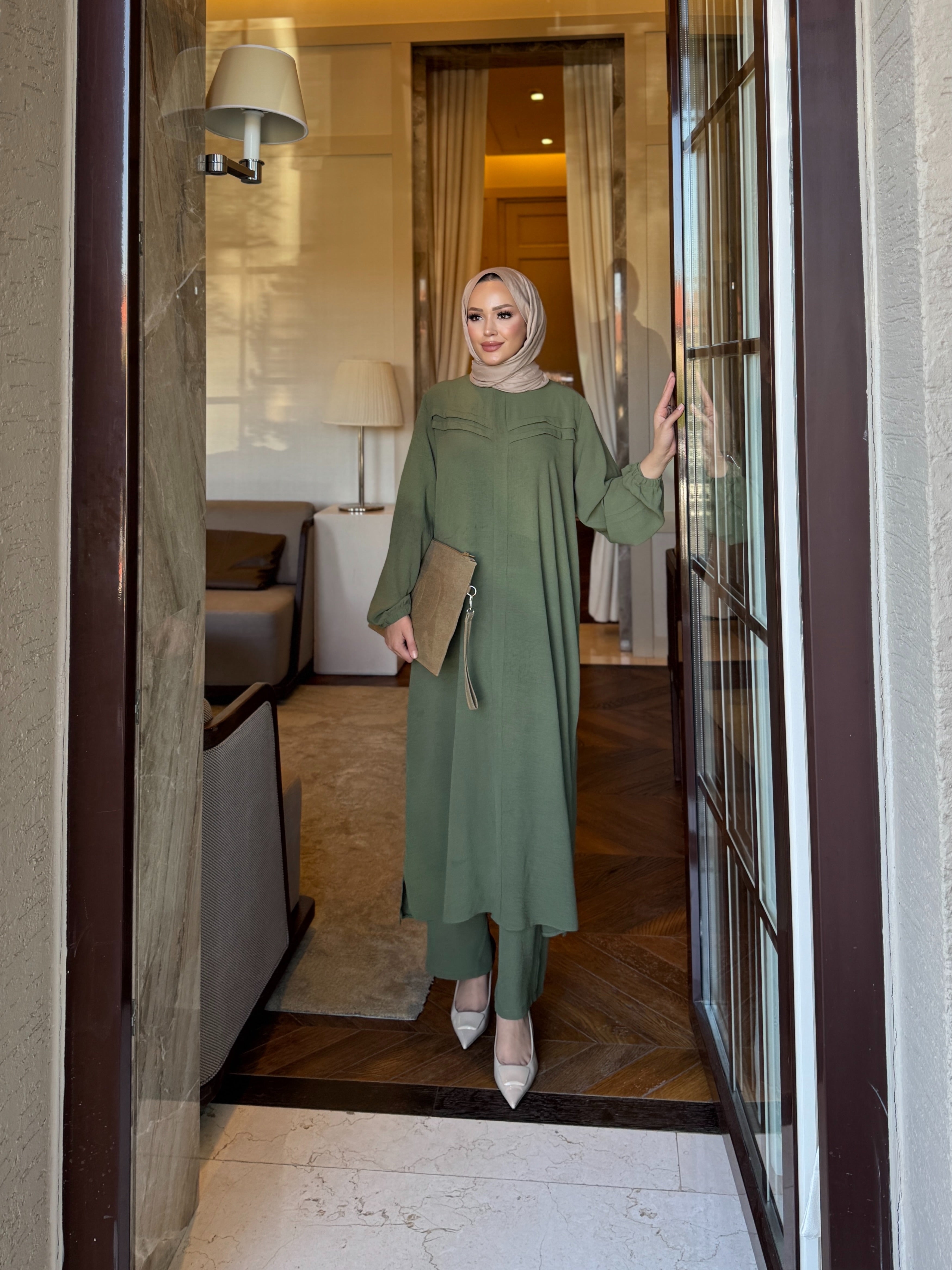 Alya şerit detay tunik & pantolon takım mint yeşili