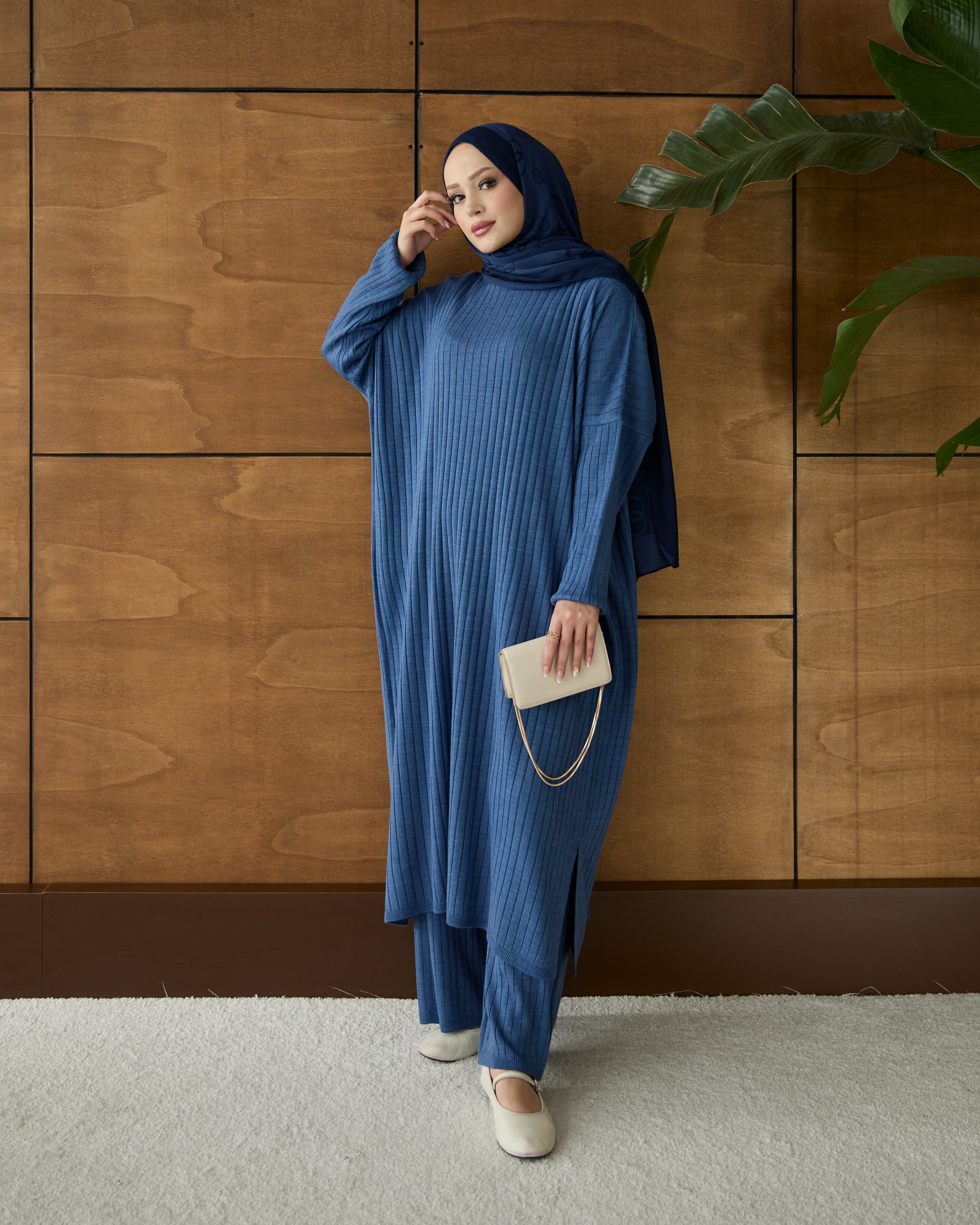 Çizgili triko tunik & pantolon indigo mavi