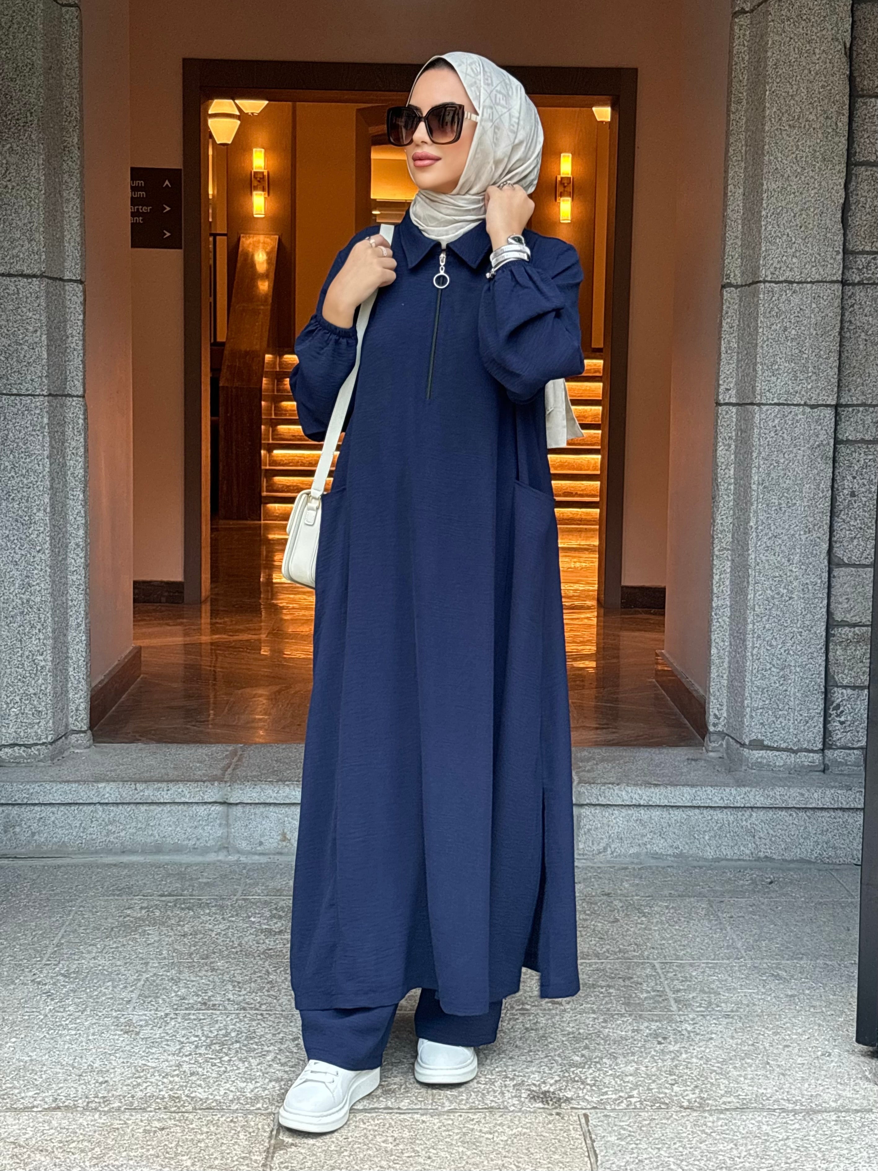 Soft fermuarlı tunik & pantolon takım lacivert