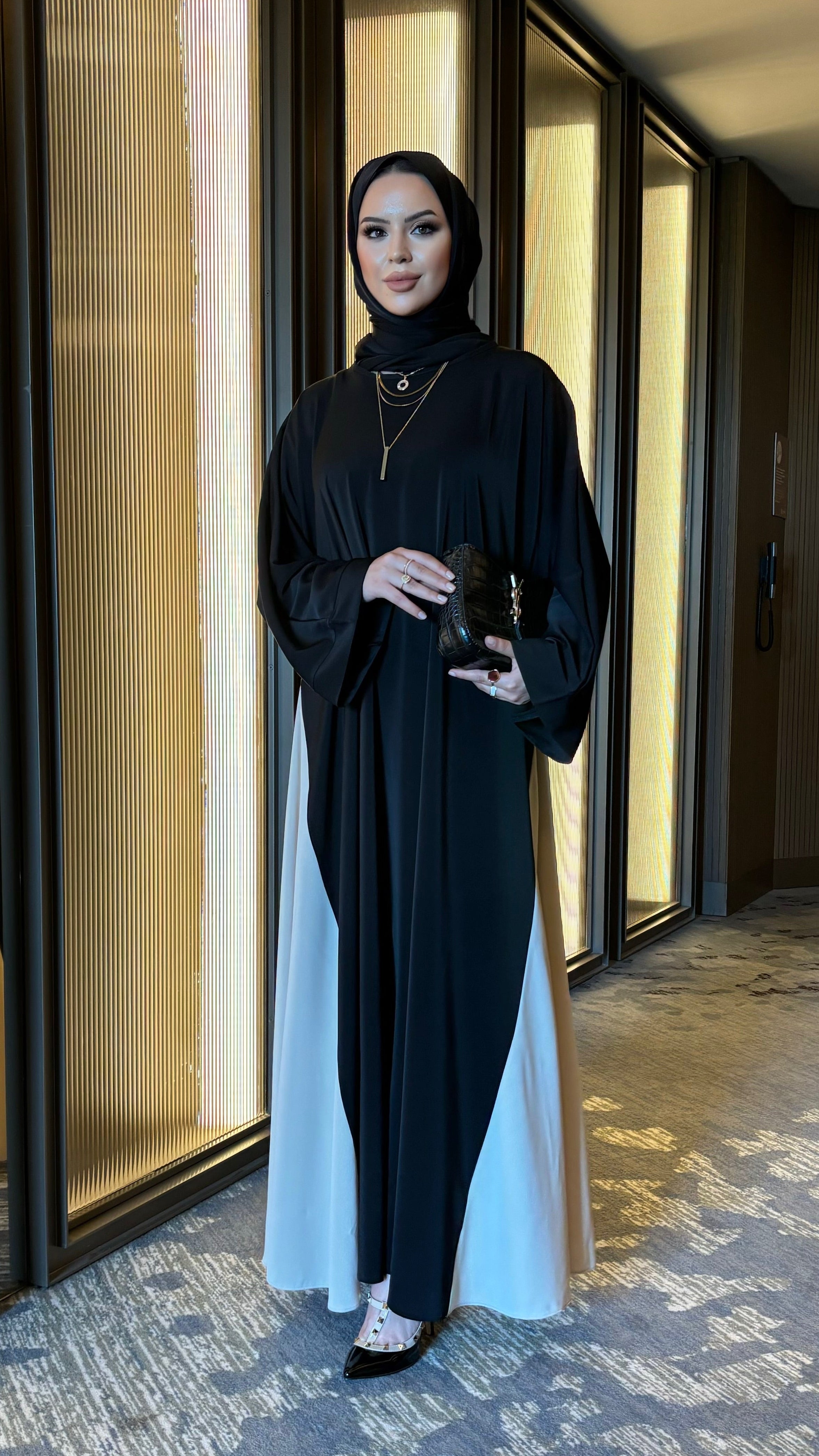 Dubai çift renk abaya & şal takım siyah