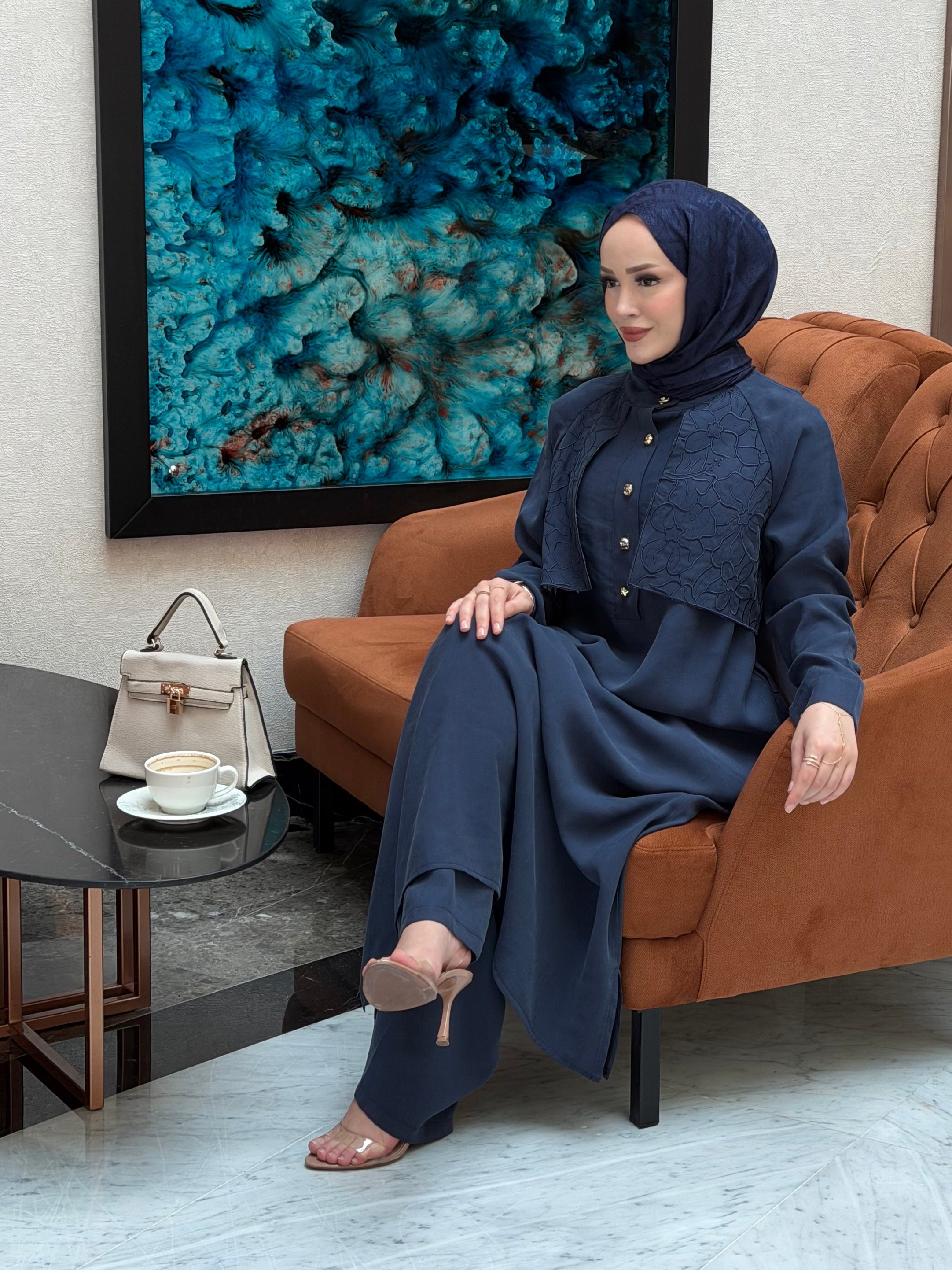 Sahra nakış detaylı tunik & pantolon takım lacivert