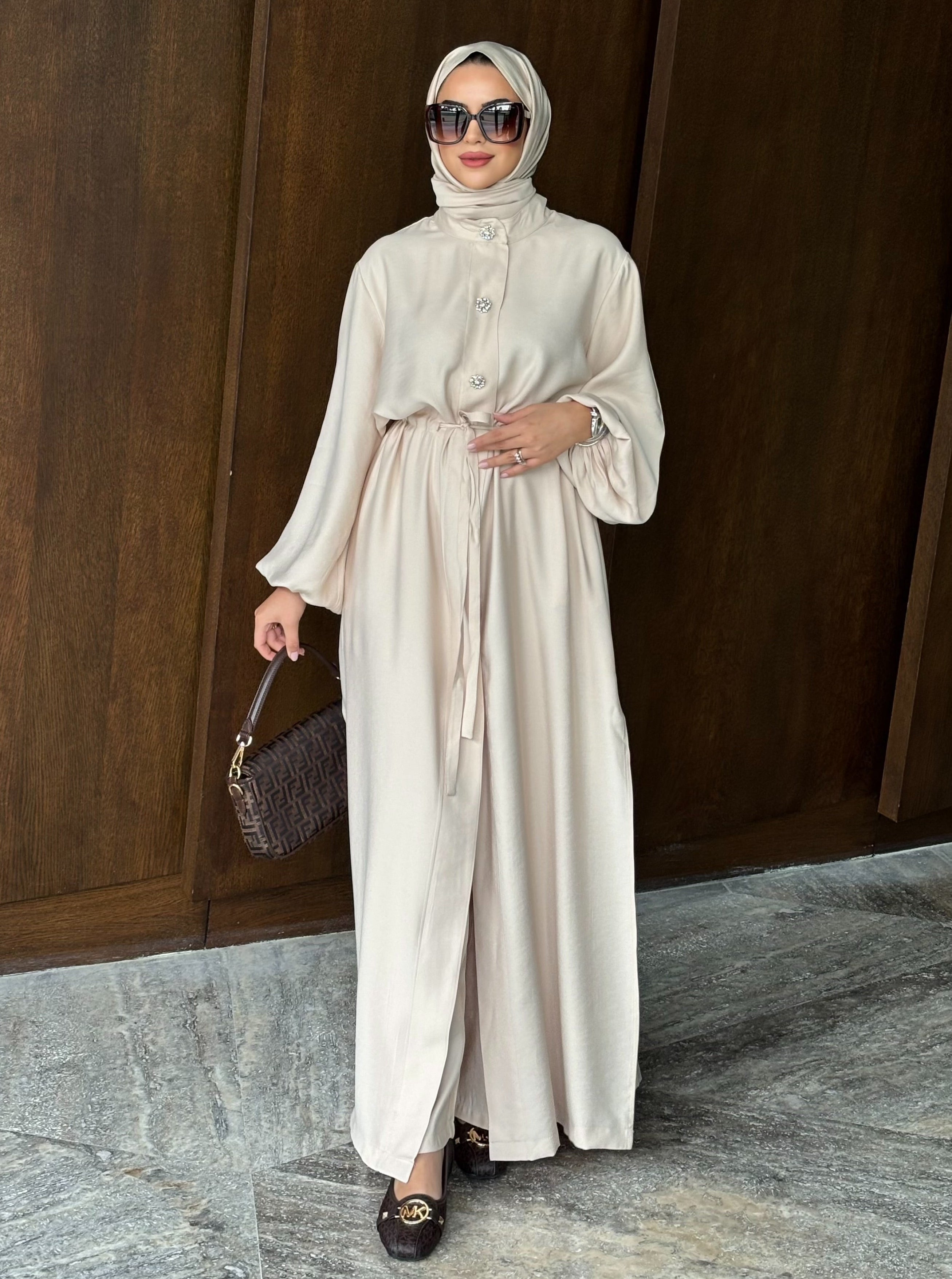 Kristal düğmeli  tunik & pantolon takım bej