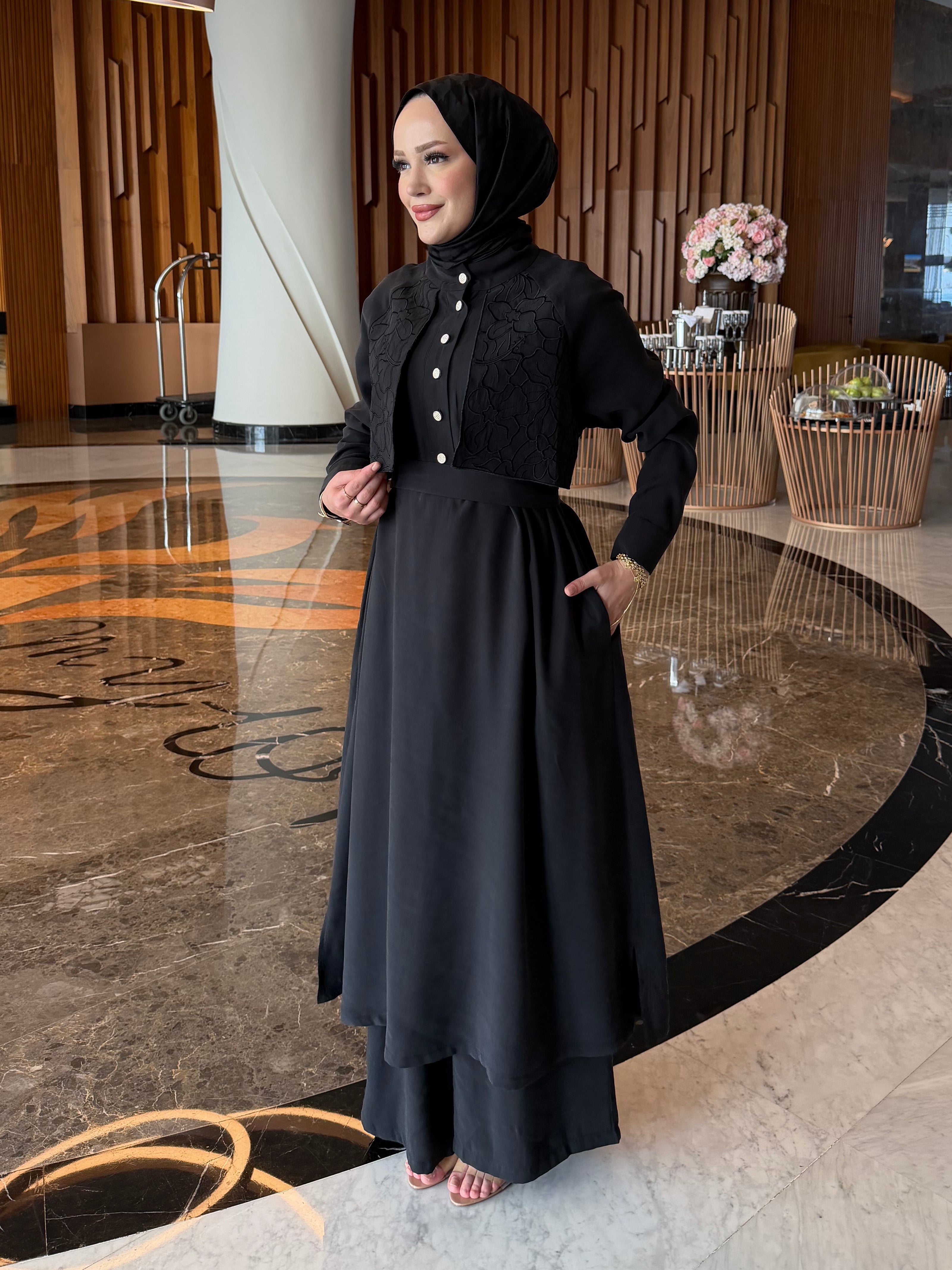 Sahra nakış detaylı tunik & pantolon takım siyah
