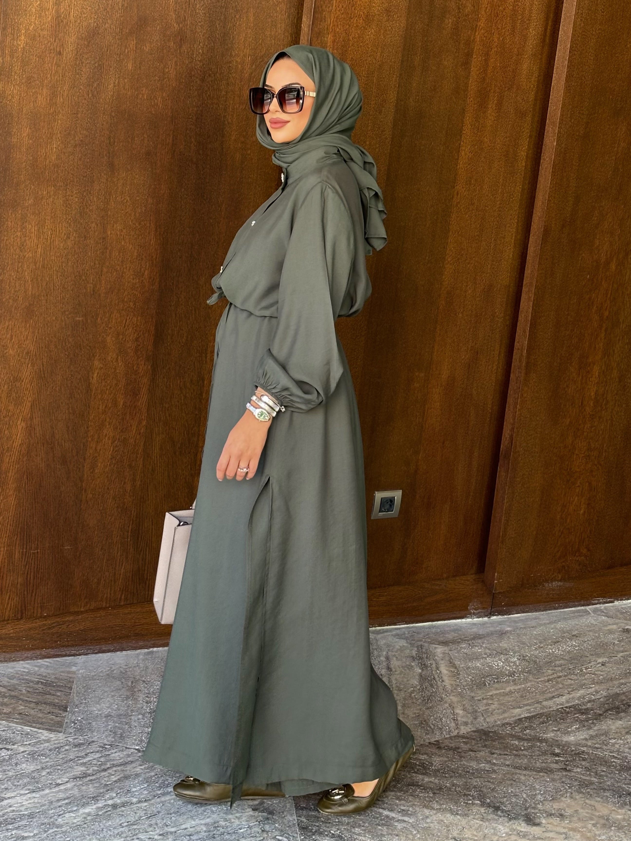 Kristal düğmeli  tunik & pantolon takım haki yeşil