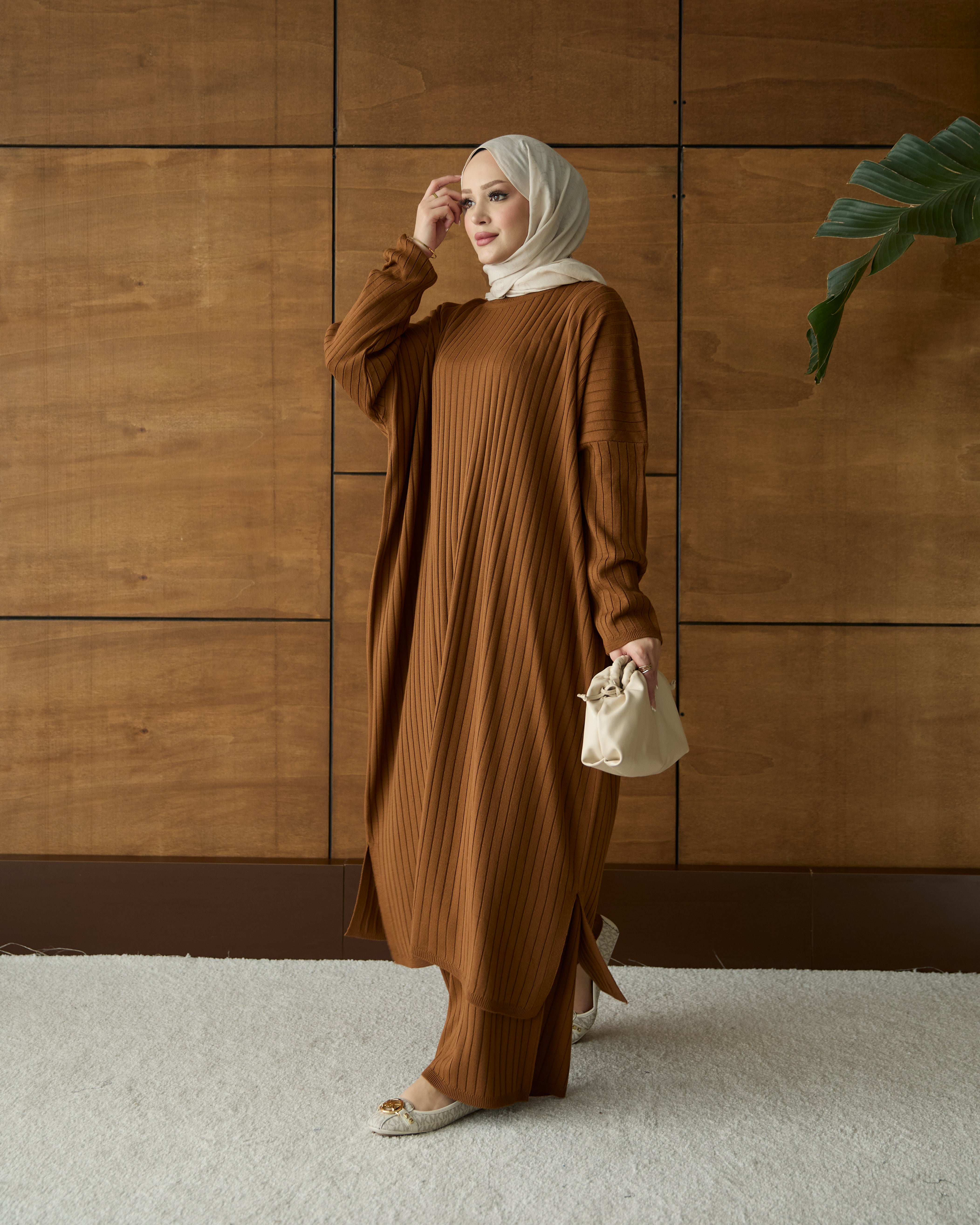 Çizgili triko tunik & pantolon  taba