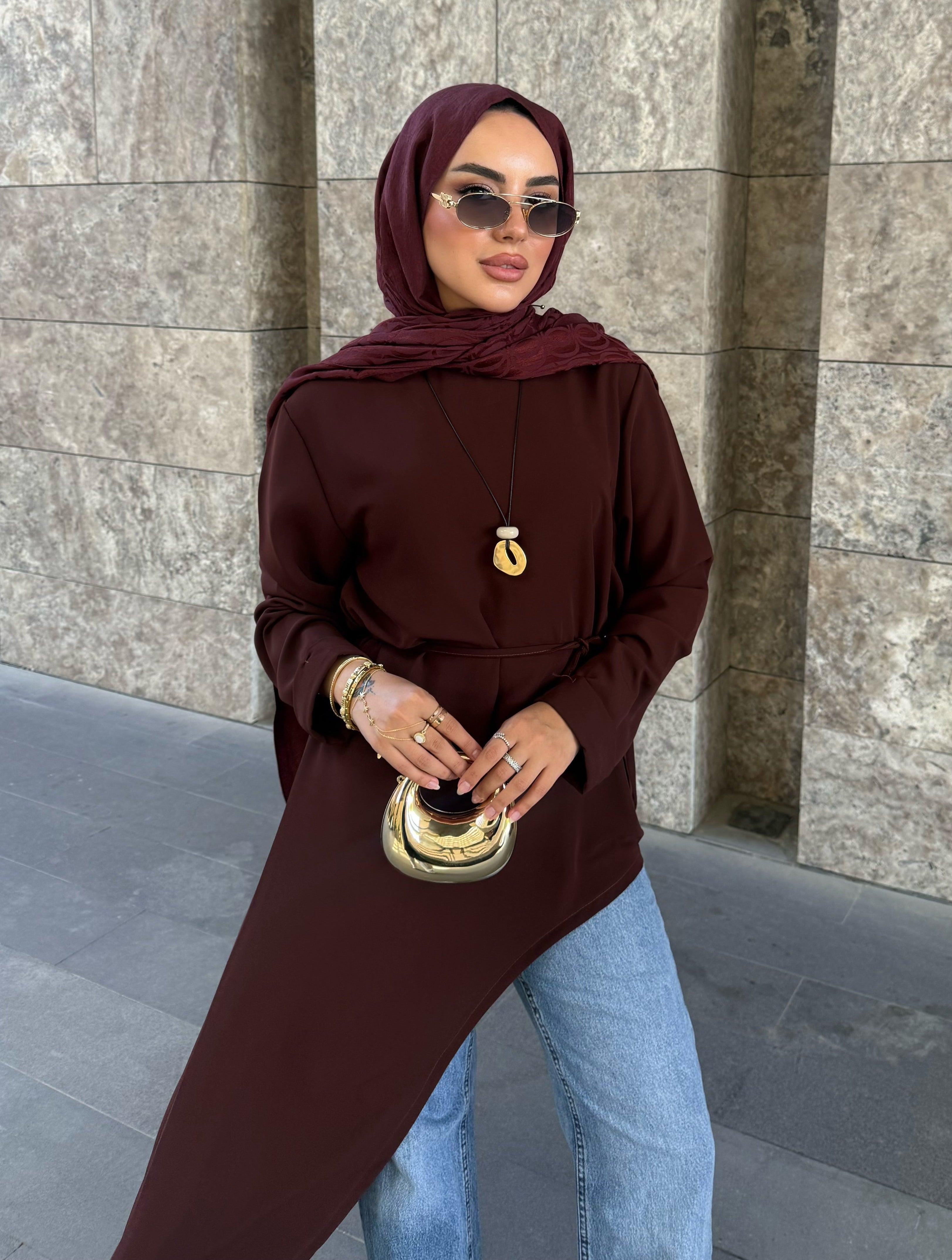 Alina asimetrik kuşaklı tunik Kahverengi