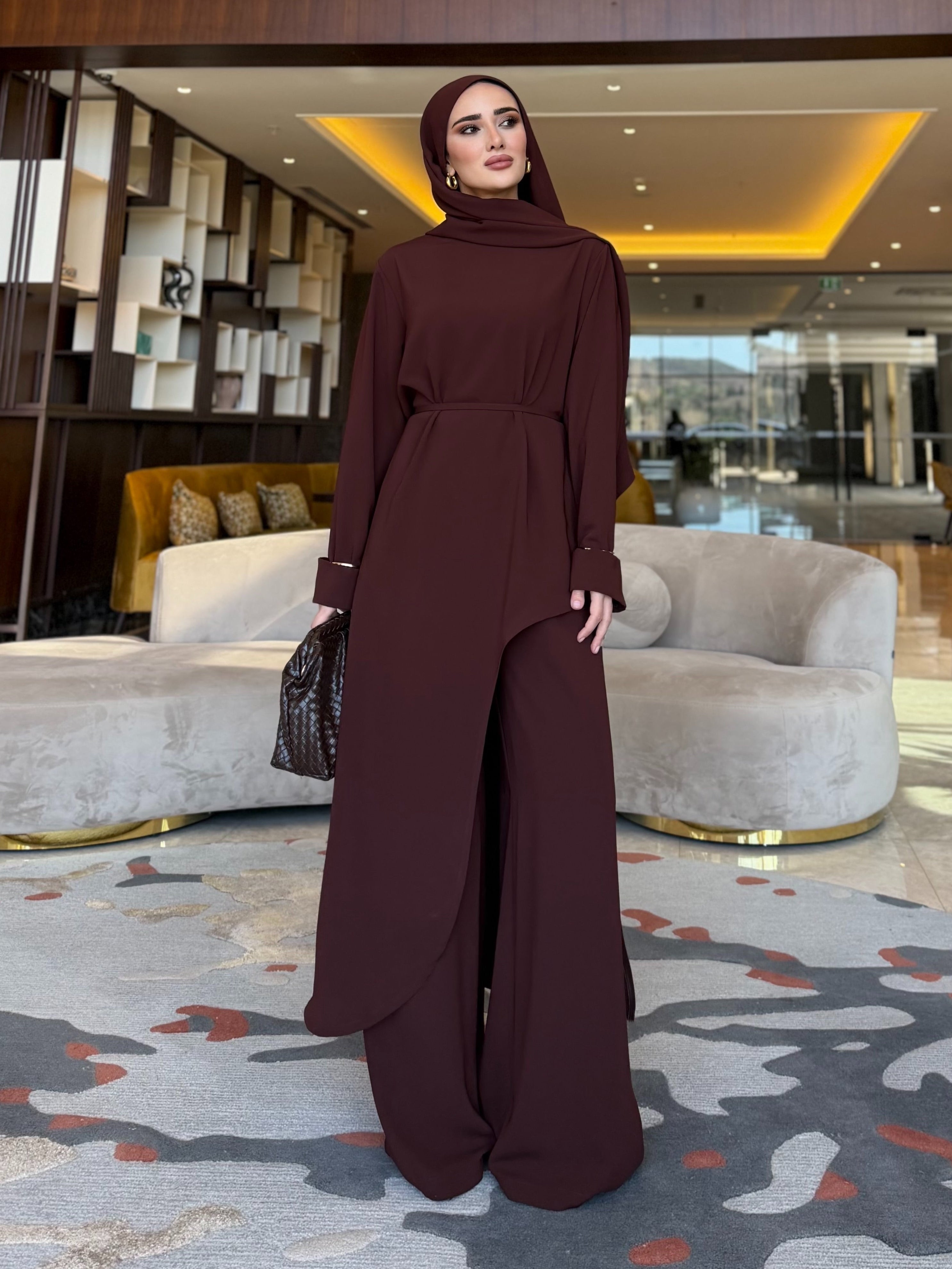 Aura asimetrik kesim tunik & pantolon kahverengi
