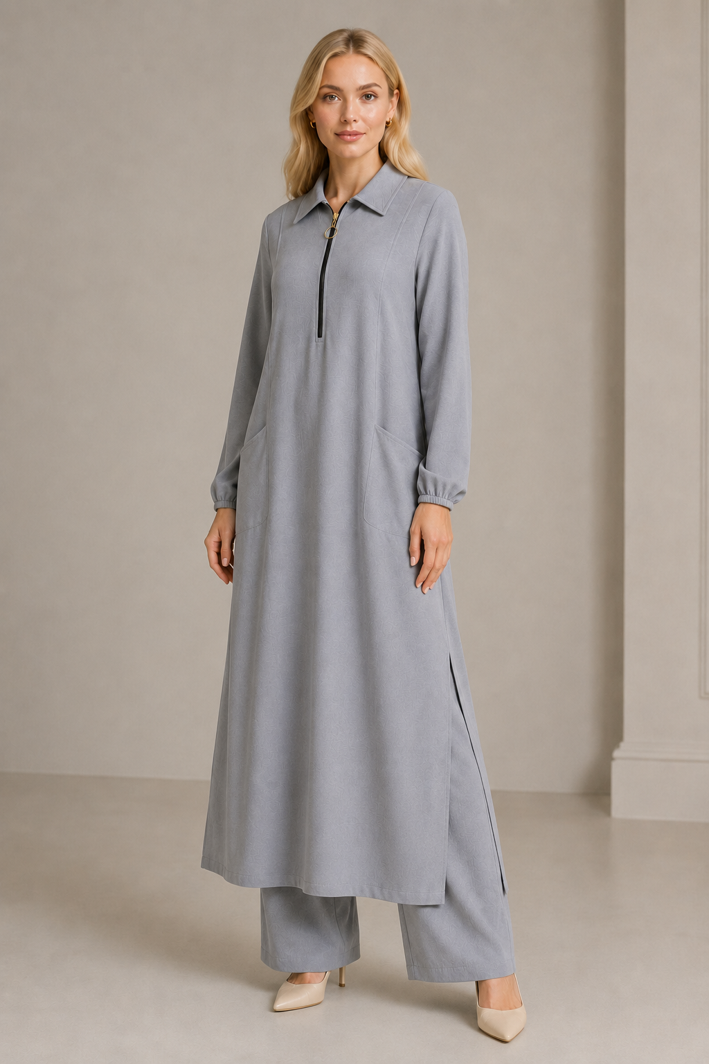 Soft fermuarlı tunik & pantolon takım Antrasit gri