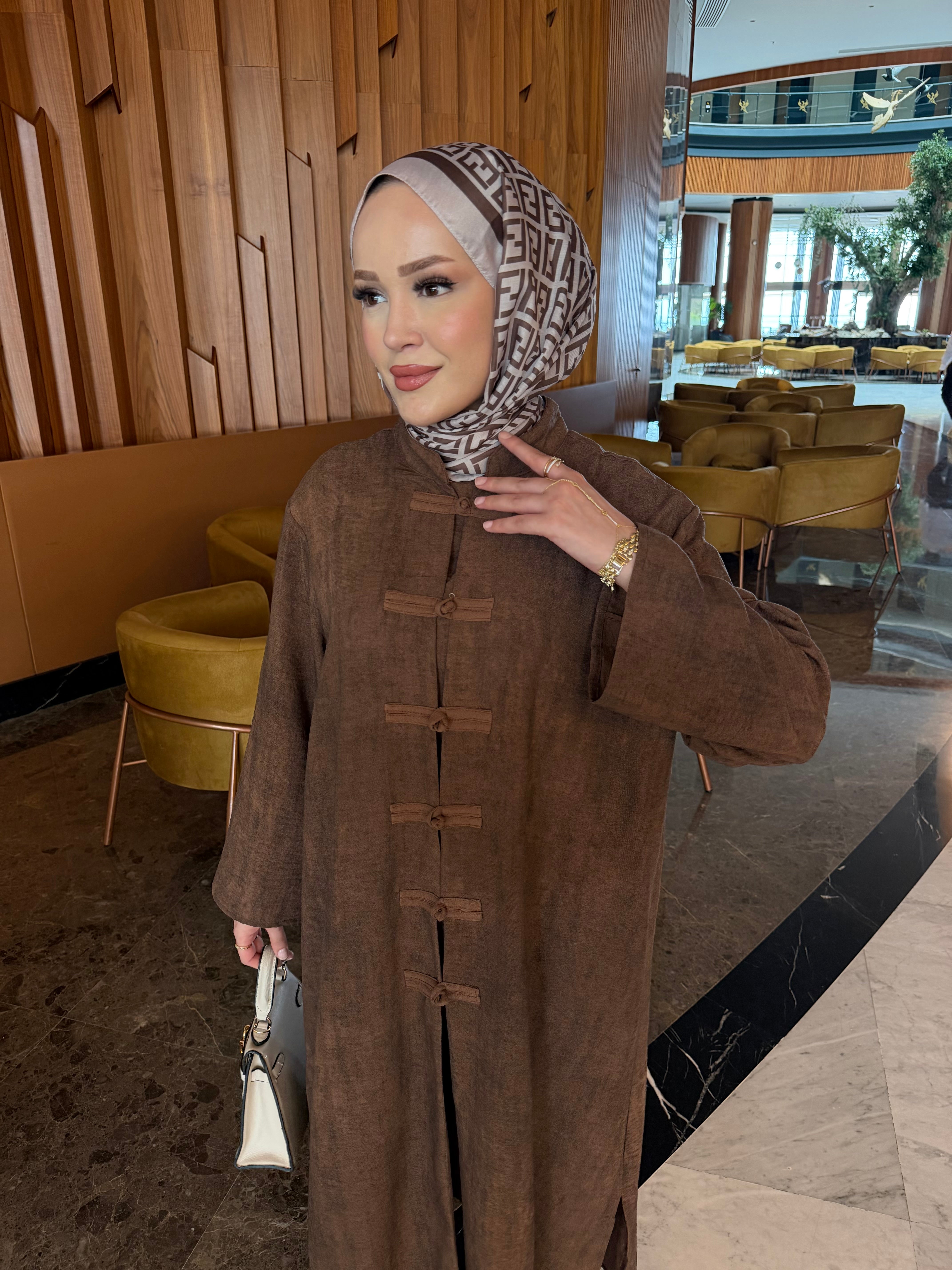 Sakura Çin düğüm kapama tunik & pantolon takım kahve