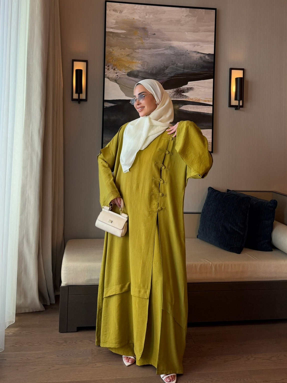 Ahsen abaya & pantolon ikili takım yağ yeşili