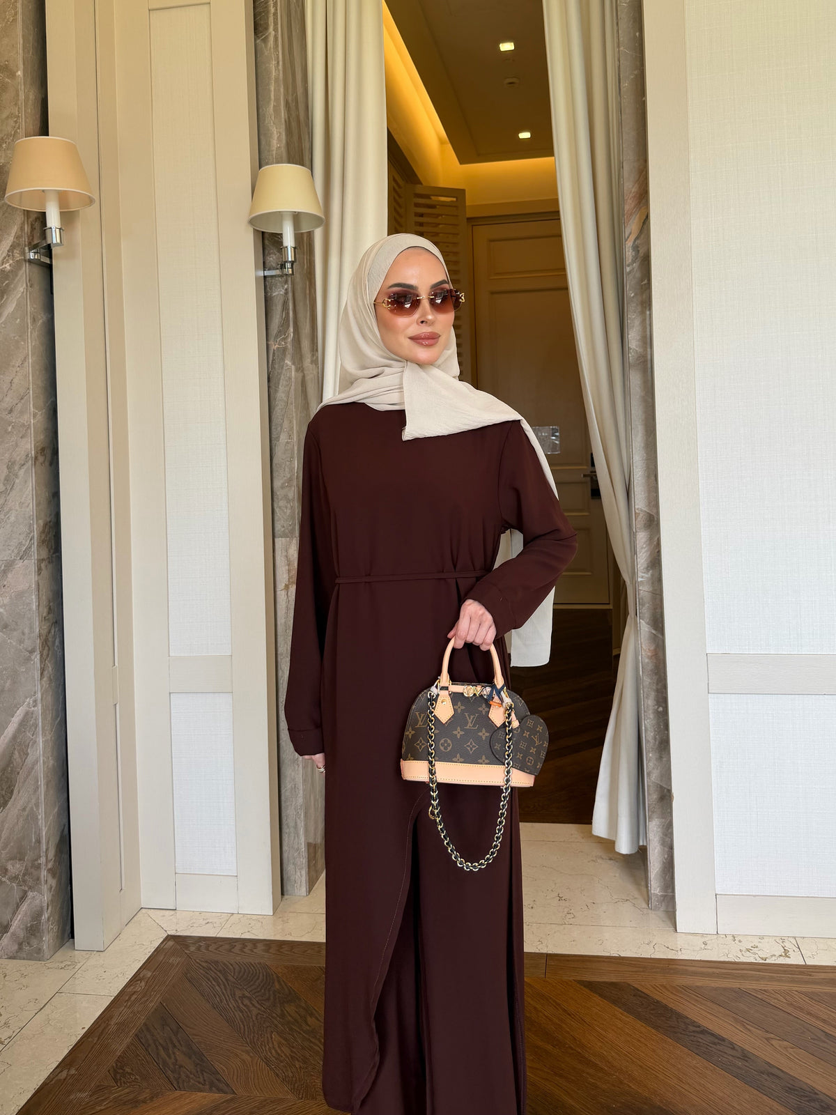 Aura asimetrik kesim tunik & pantolon kahverengi