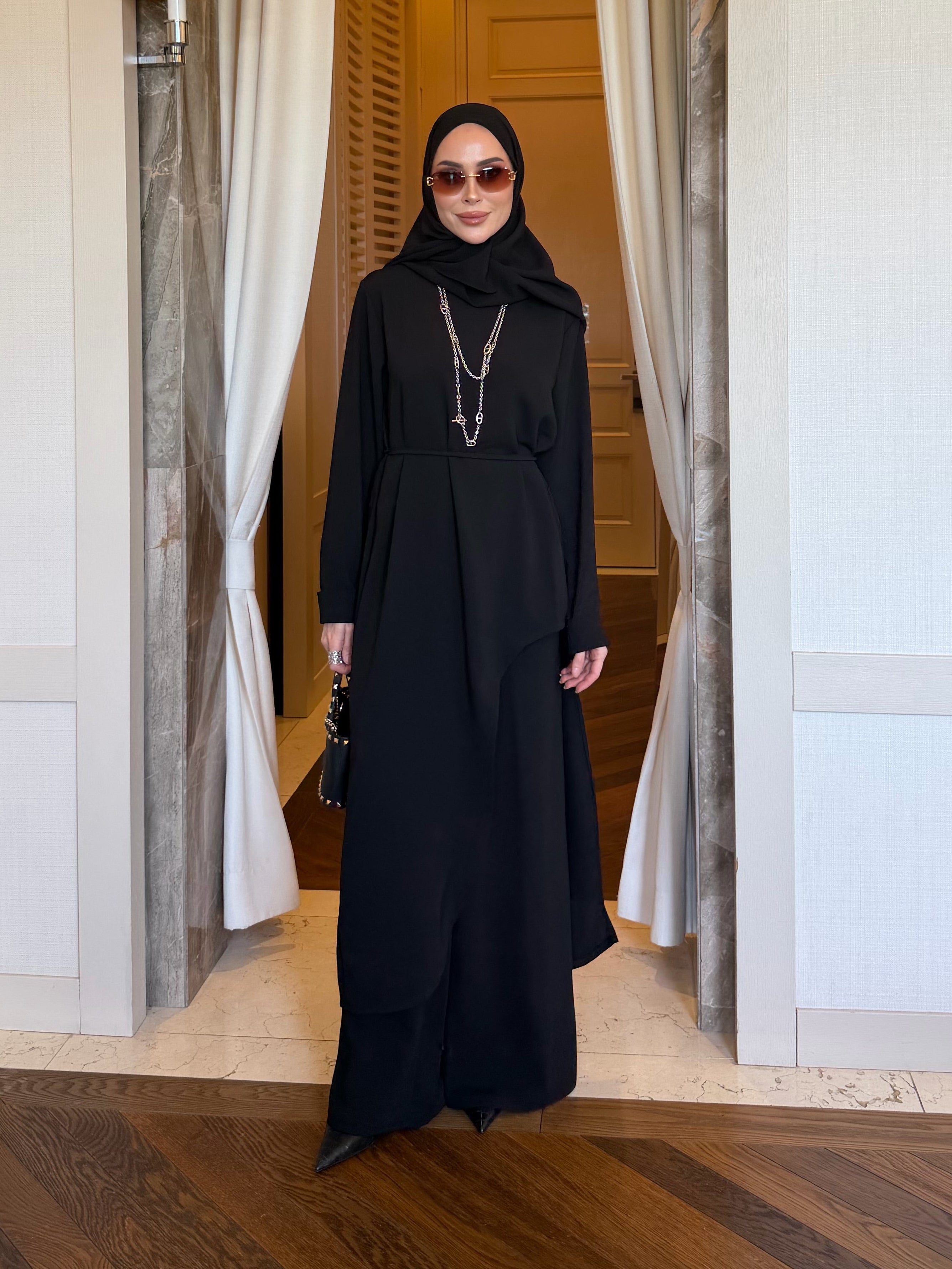Aura asimetrik kesim tunik & pantolon siyah